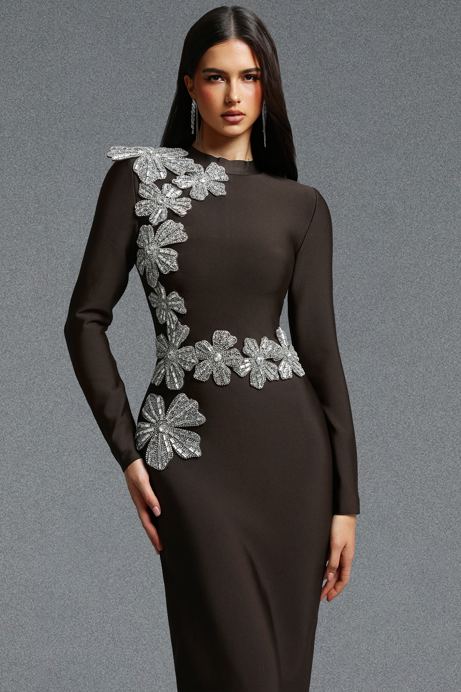 Jayden Fitted Long Sleeve Rhinestone Floral Brown Bandage Maxi Dress