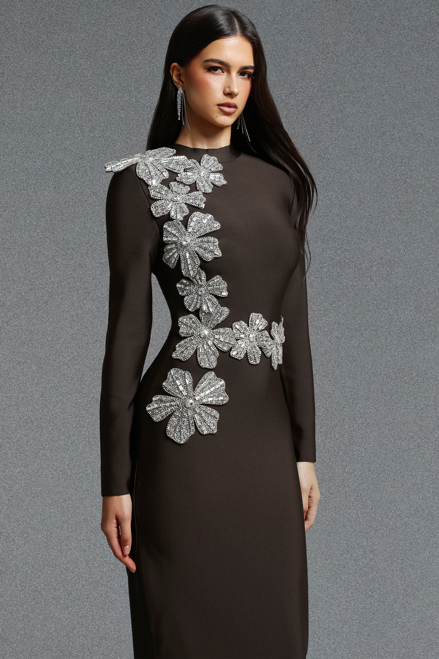 Jayden Fitted Long Sleeve Rhinestone Floral Brown Bandage Maxi Dress