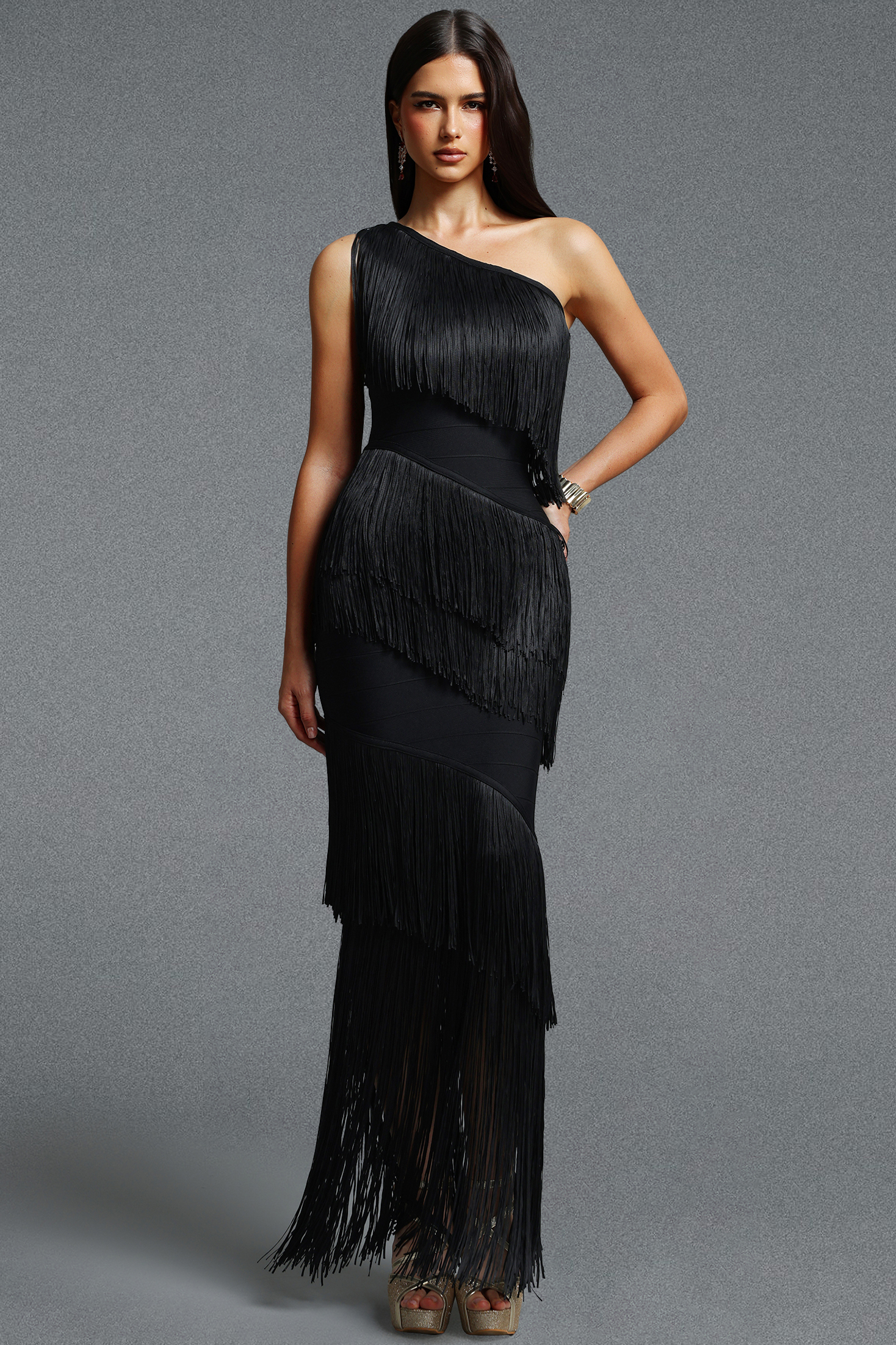 Orli Tassels One Shoulder Bandage Maxi Dress
