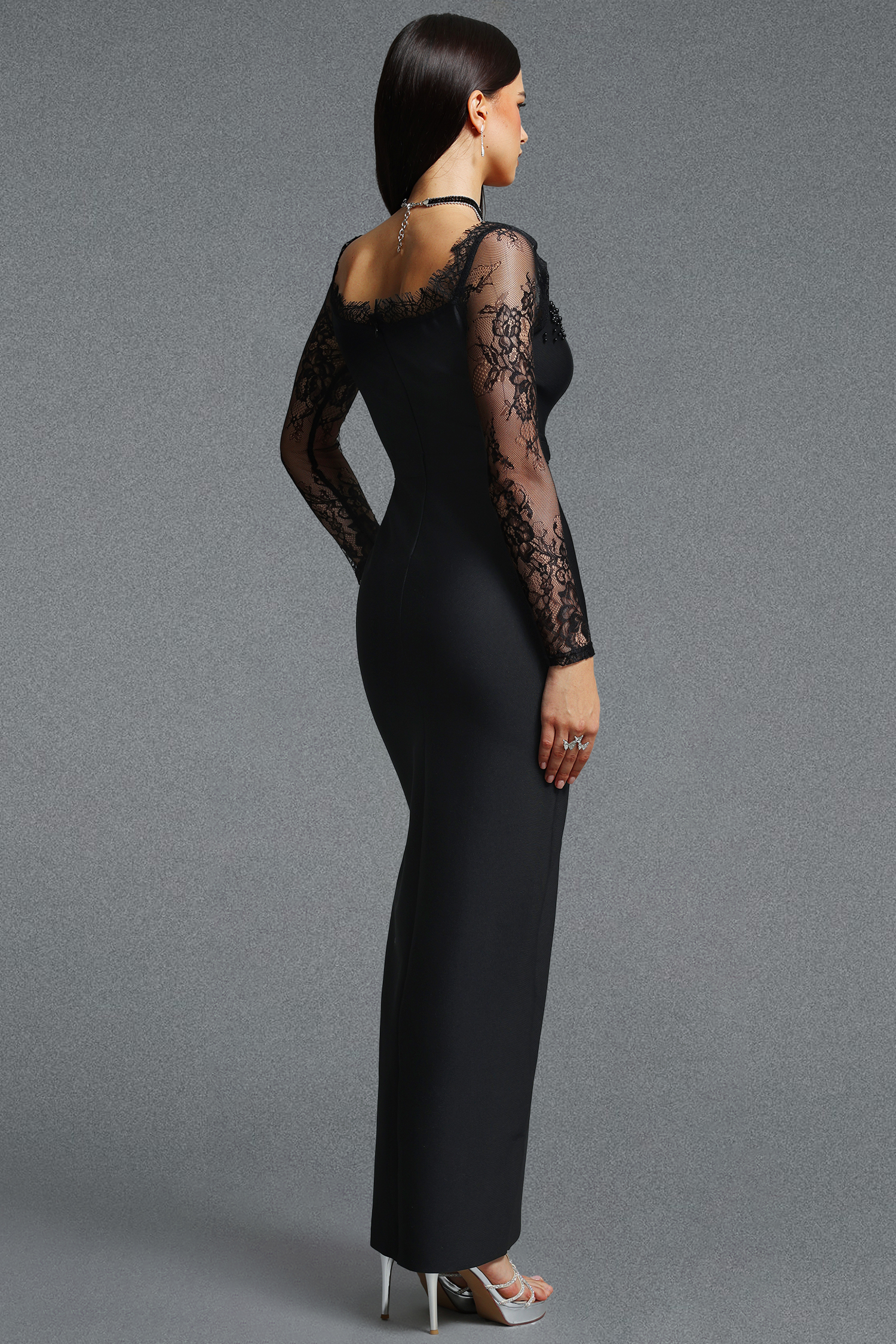 Ienee Glamorous Long Sleeve Beaded Lace Slit Bandage Maxi Dress