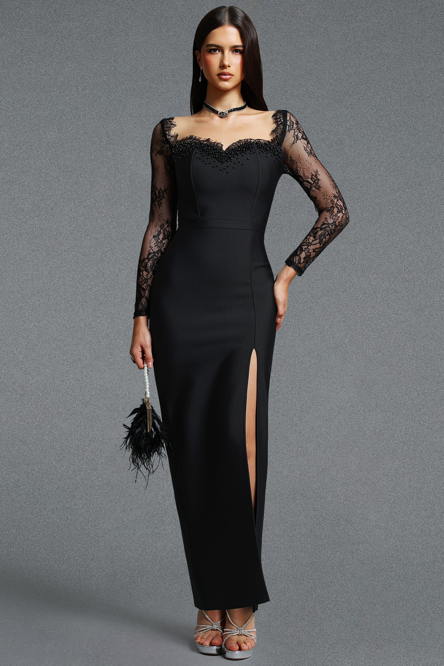 Ienee Glamorous Long Sleeve Beaded Lace Slit Bandage Maxi Dress