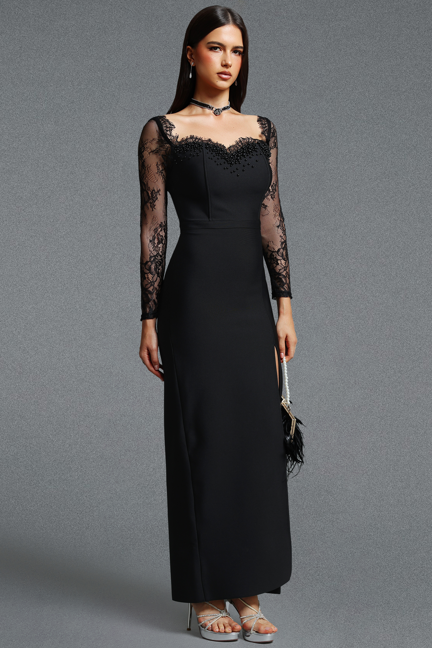 Ienee Glamorous Long Sleeve Beaded Lace Slit Bandage Maxi Dress