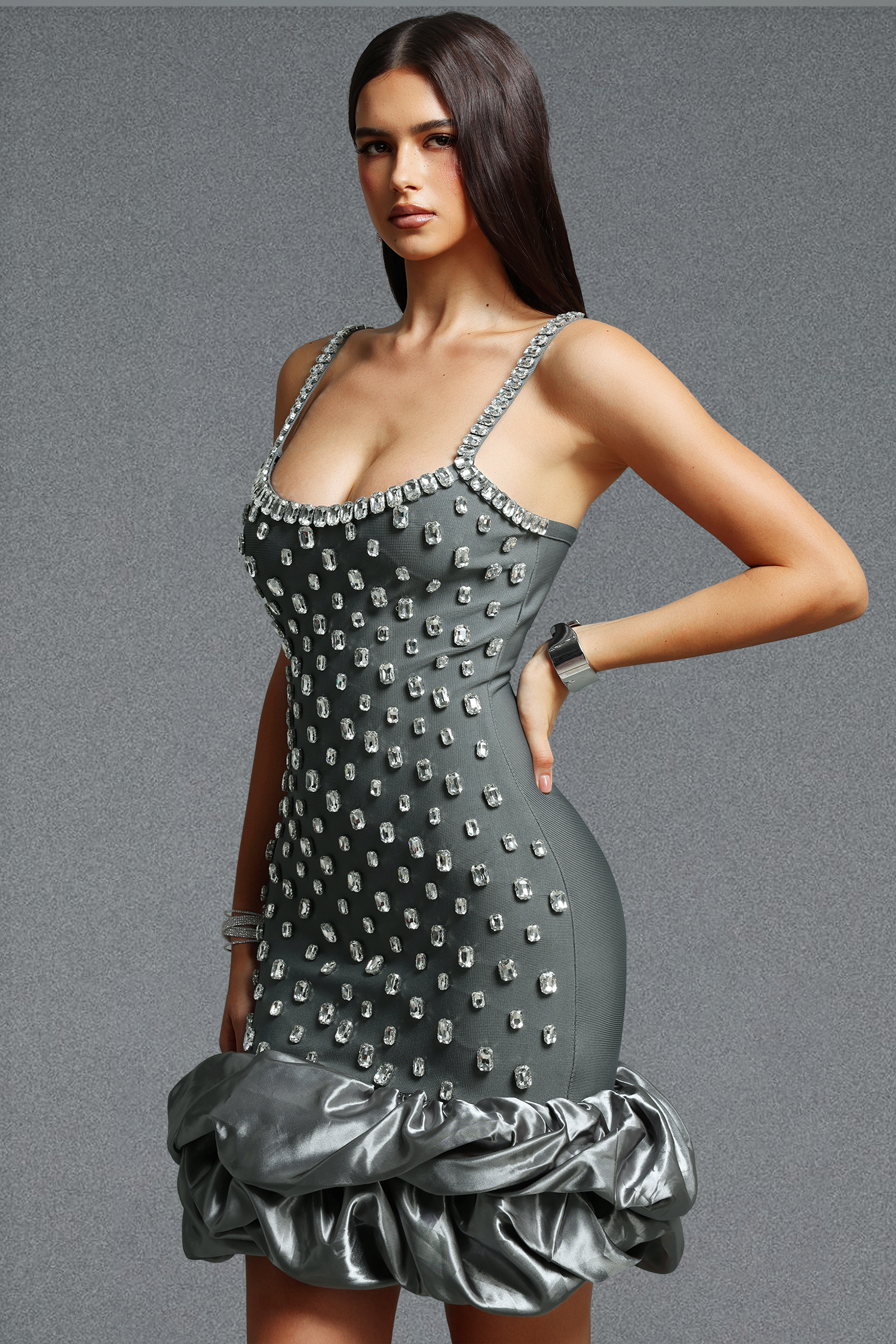 Francina Exquisite Contour Cami Strap Rhinestone Ruffle Bandage Grey Mini Dress