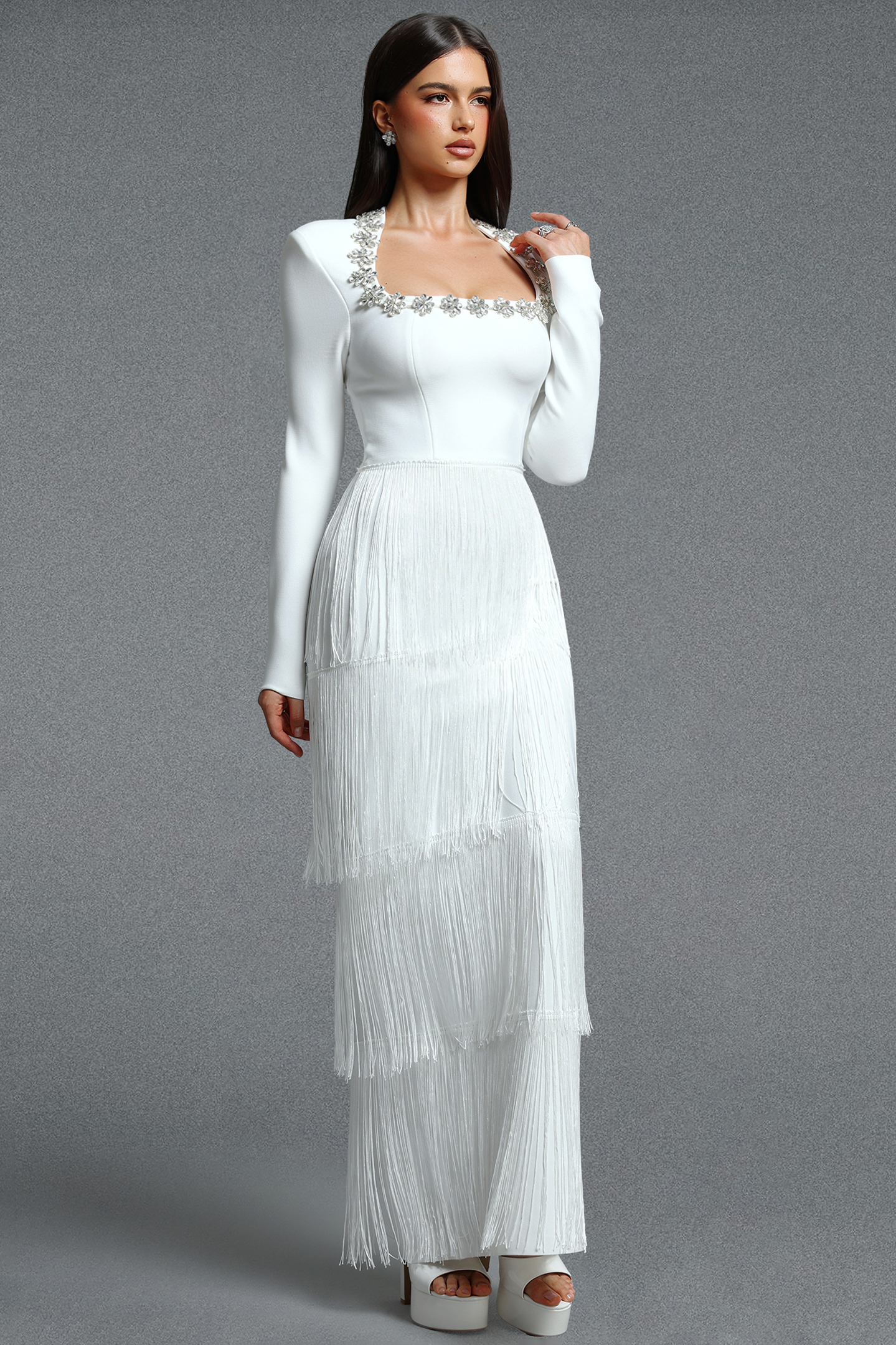 Holisa Fitted Square Neck Long Sleeve Floral Rhinestone Multi Layer Tassel Bandage Maxi Dress