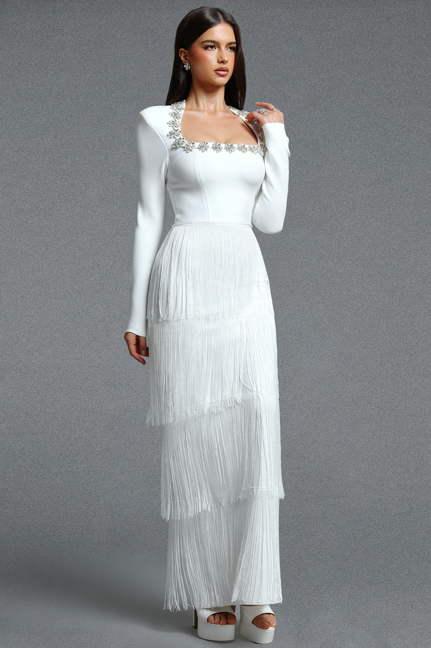 Holisa Fitted Square Neck Long Sleeve Floral Rhinestone Multi Layer Tassel Bandage Maxi Dress