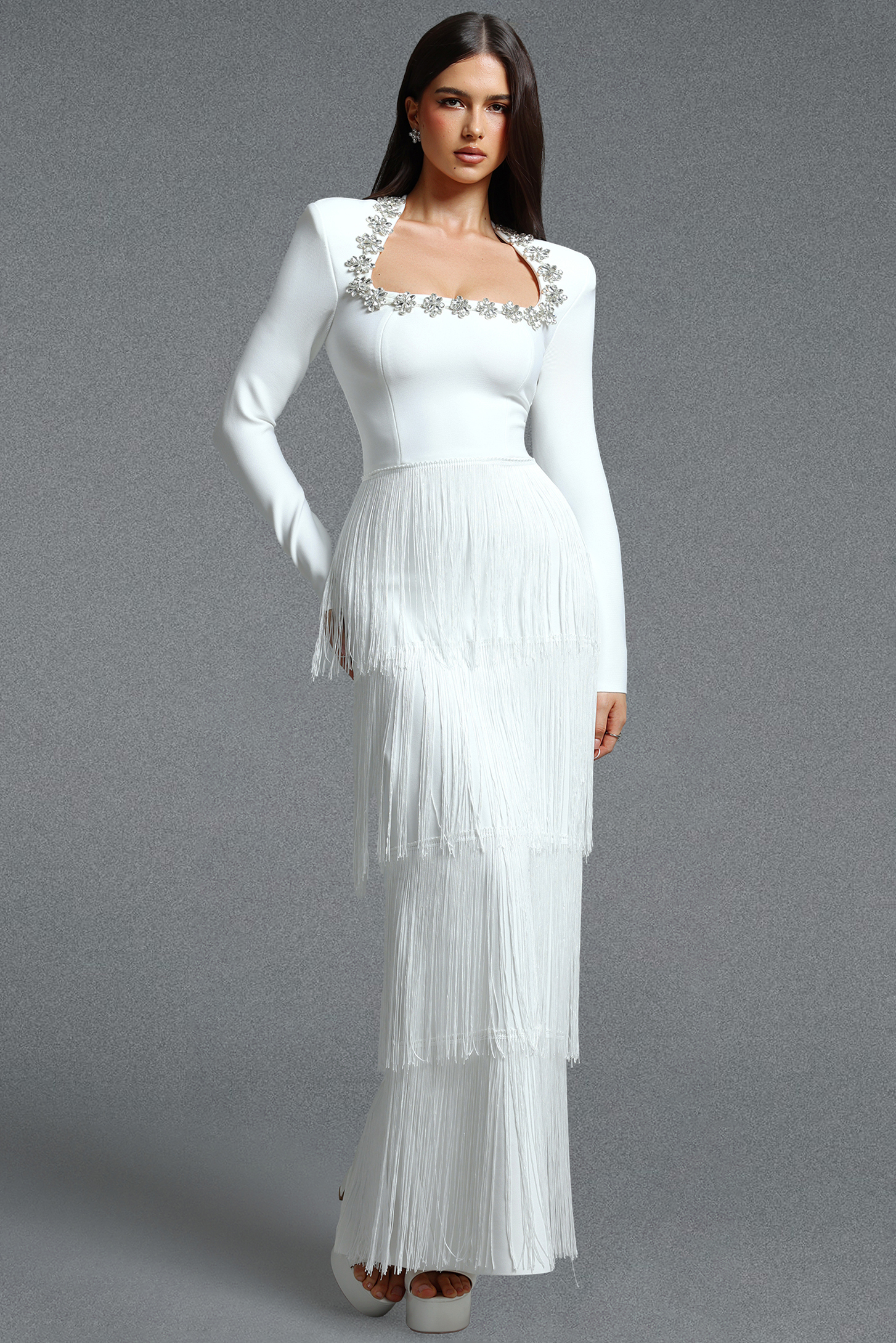 Holisa Fitted Square Neck Long Sleeve Floral Rhinestone Multi Layer Tassel Bandage Maxi Dress