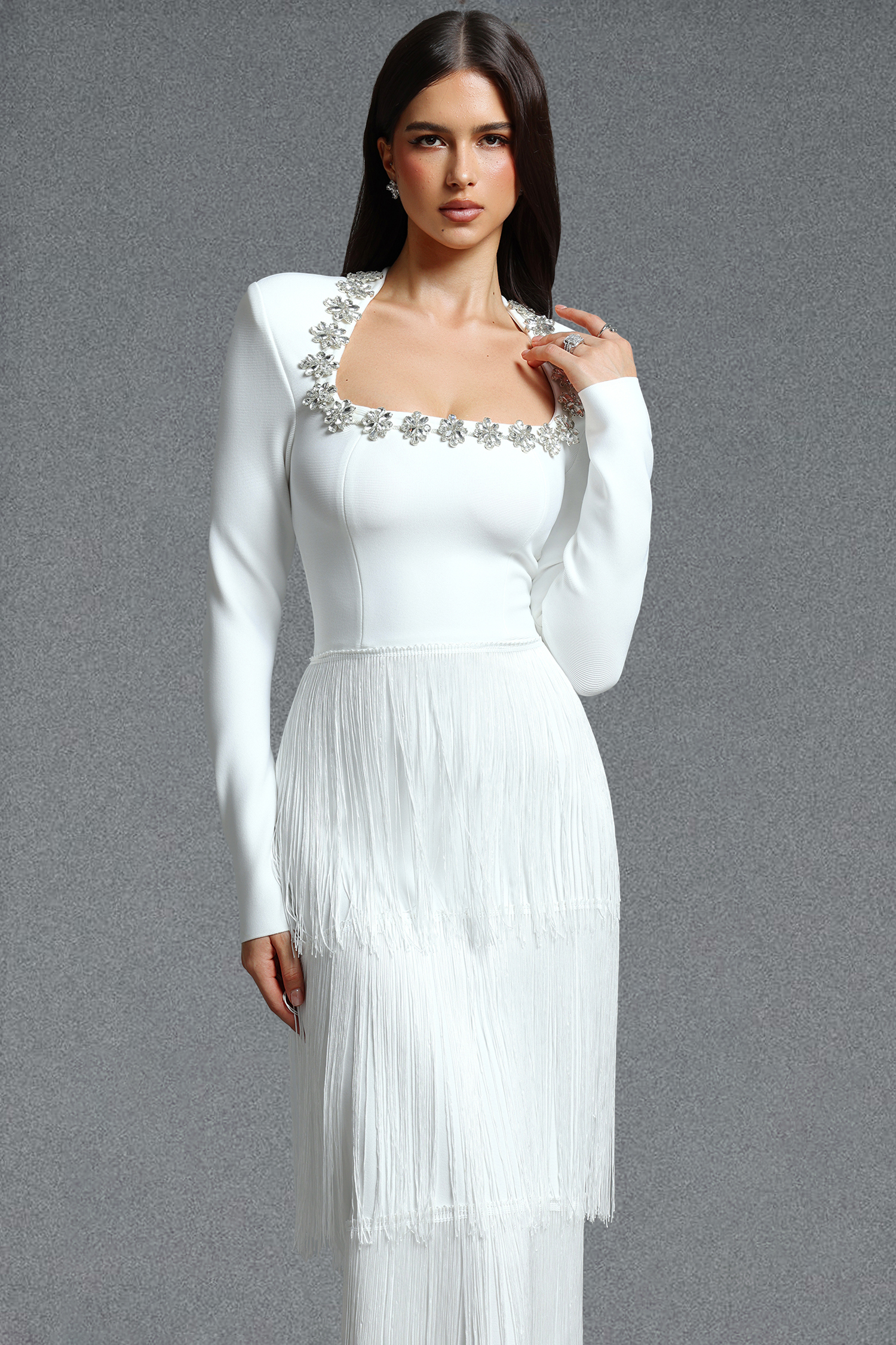 Holisa Fitted Square Neck Long Sleeve Floral Rhinestone Multi Layer Tassel Bandage Maxi Dress