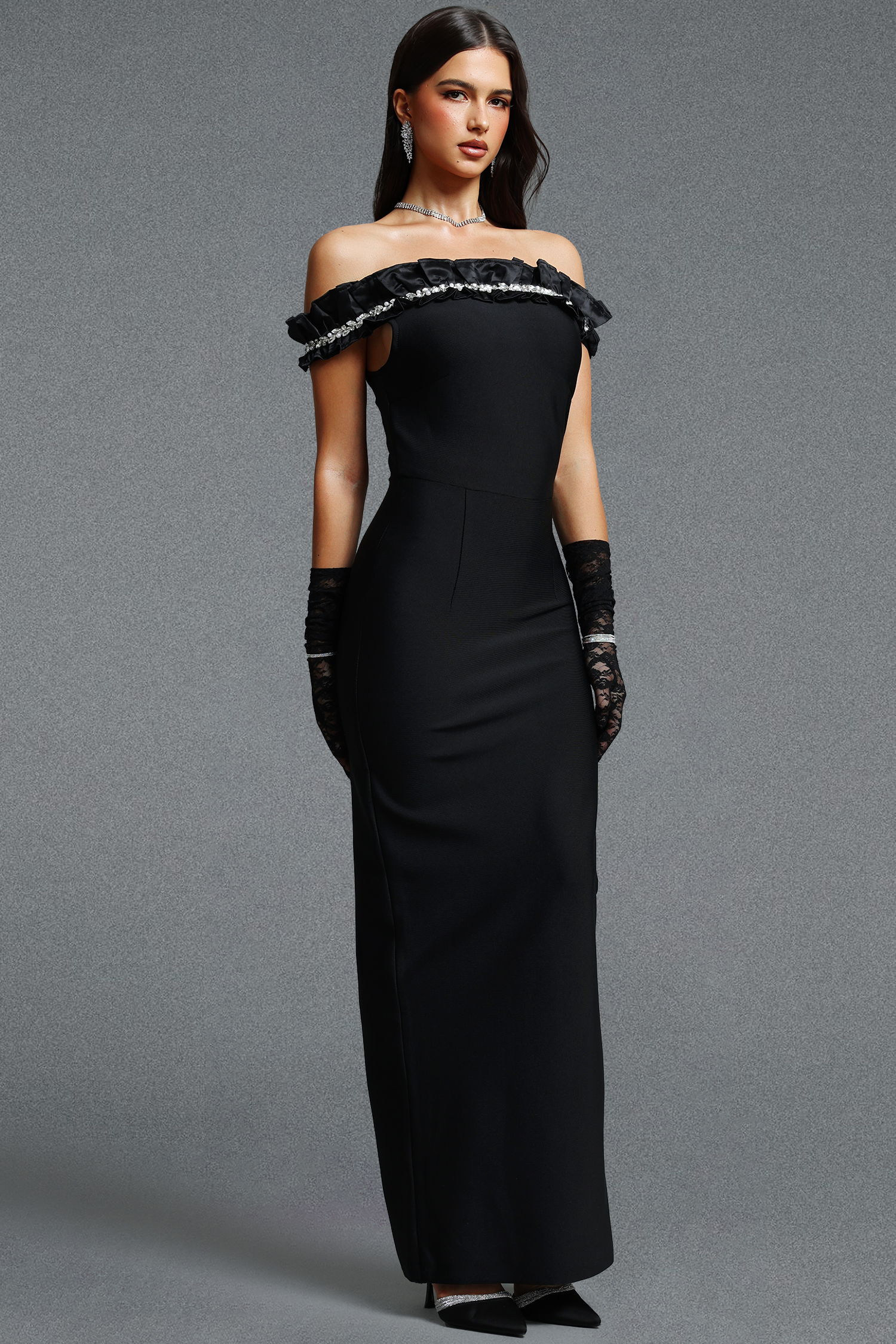 Vella Elegant Contour Off Shoulder Ruffle Crystal Embellished Bandage Maxi Dress