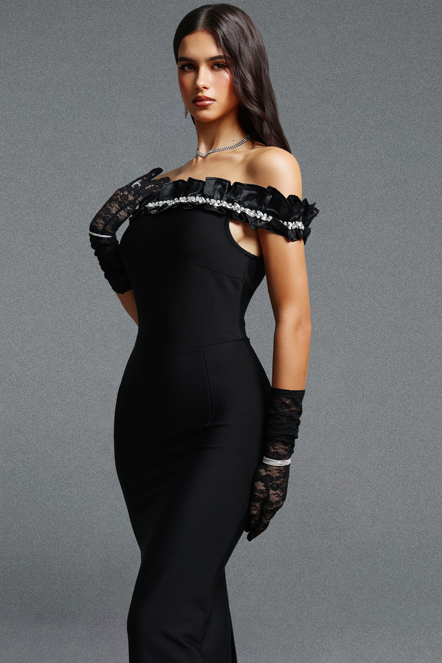 Vella Elegant Contour Off Shoulder Ruffle Crystal Embellished Bandage Maxi Dress