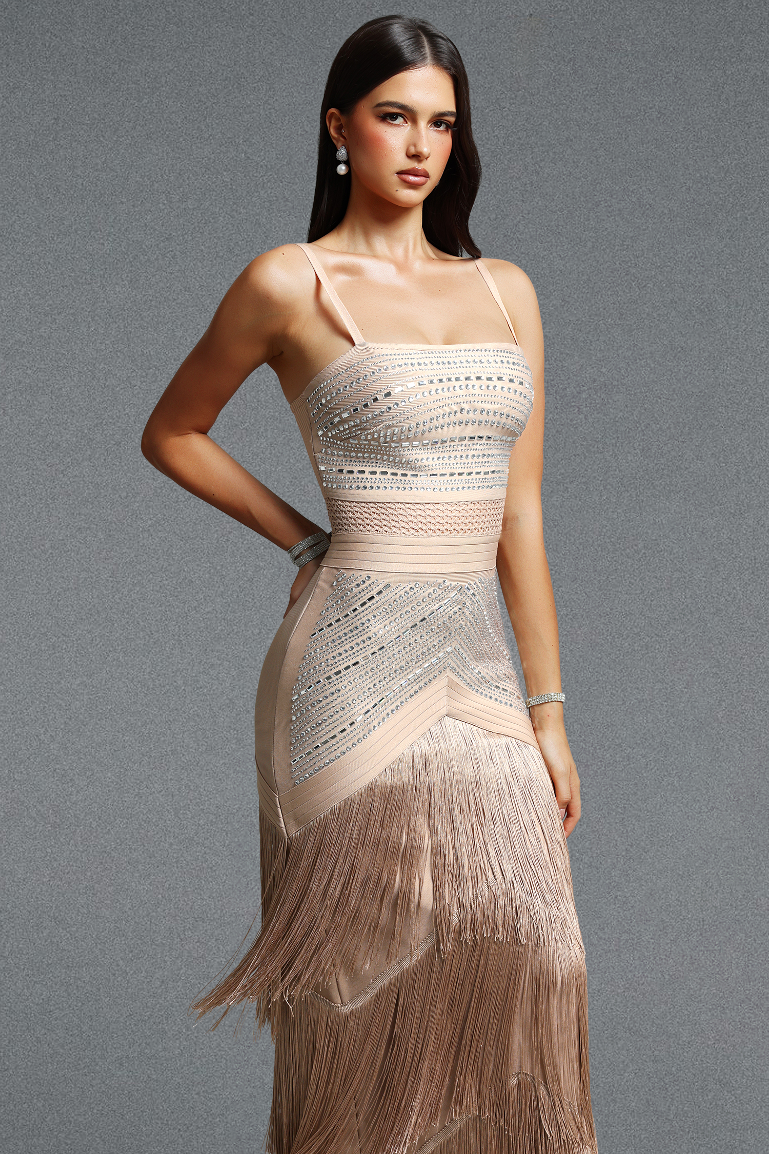 Hilia Sexy Spaghetti Strap Rhinestone Fringe Bandage Maxi Dress