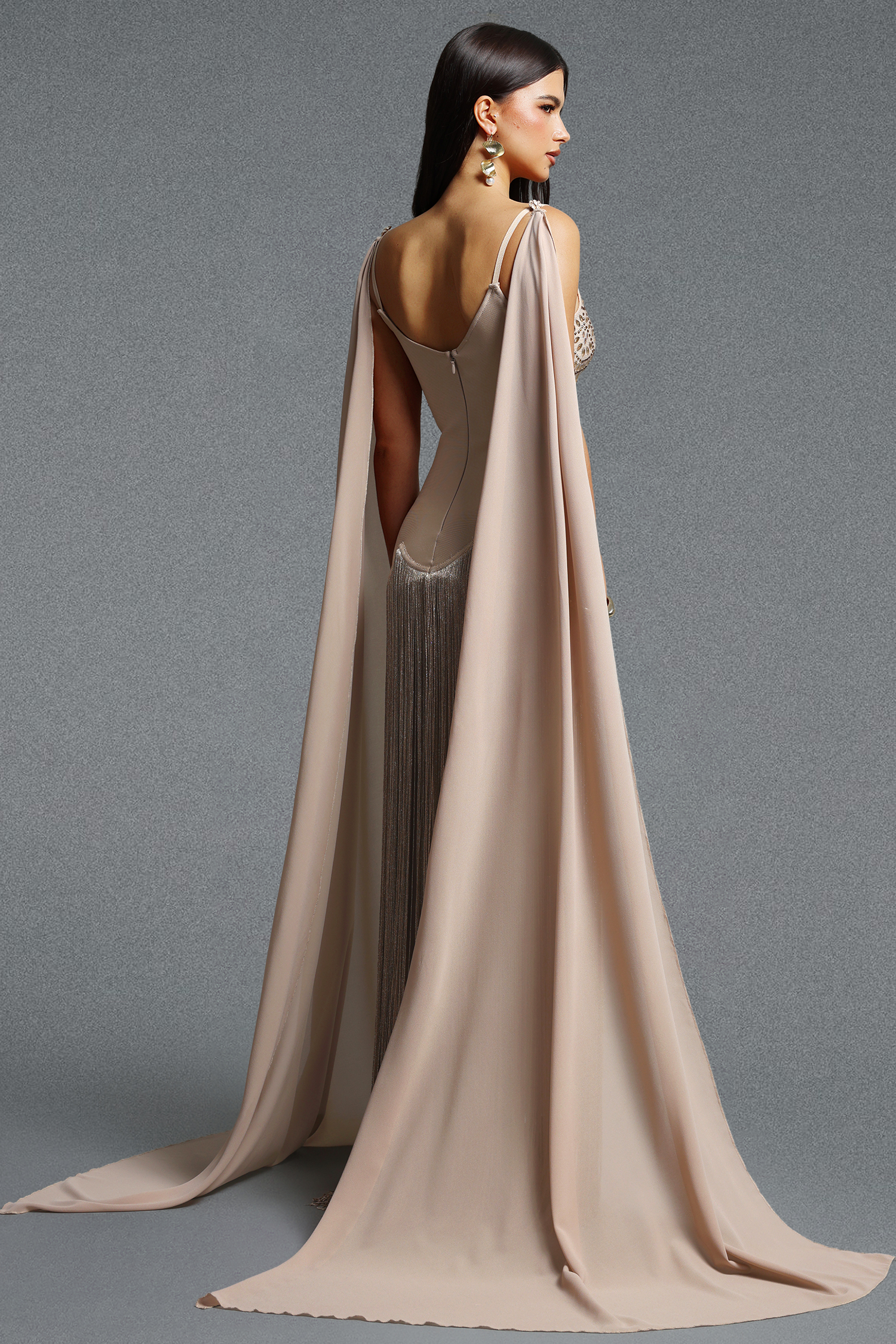 Ikara Elegant Spaghetti Strap Rhinestone Fringe Cape Bandage Maxi Dress