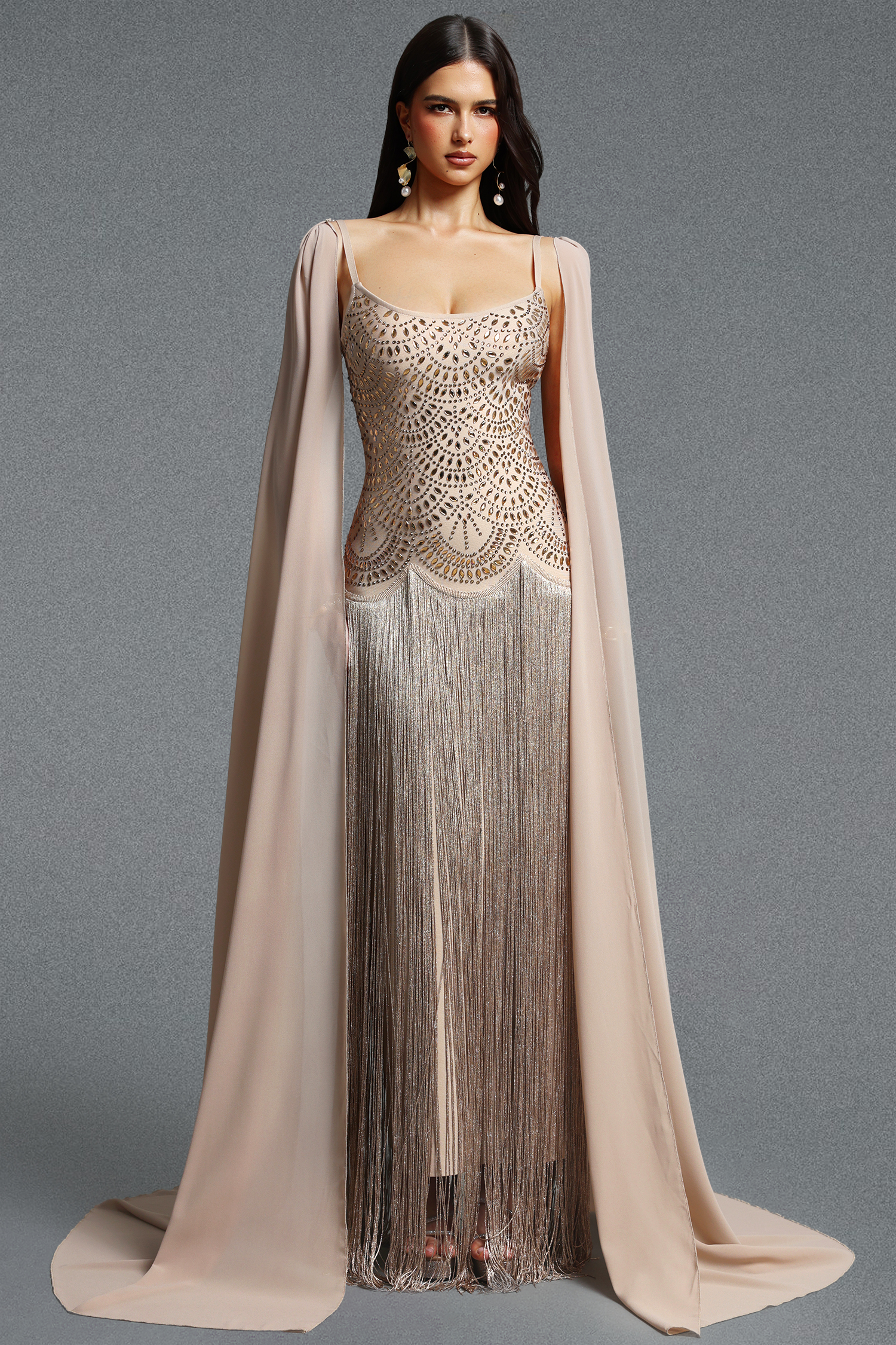 Ikara Elegant Spaghetti Strap Rhinestone Fringe Cape Bandage Maxi Dress