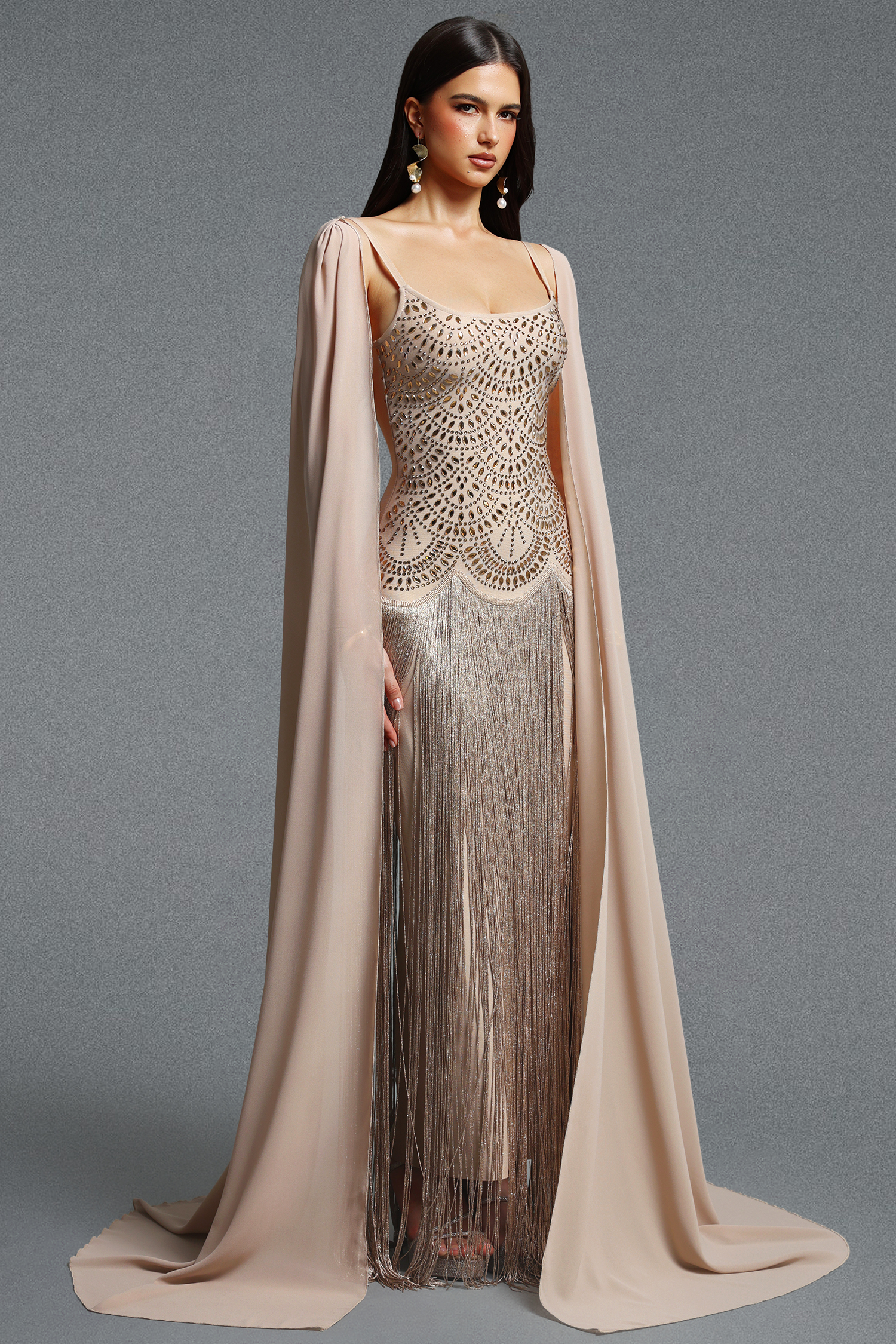 Ikara Elegant Spaghetti Strap Rhinestone Fringe Cape Bandage Maxi Dress