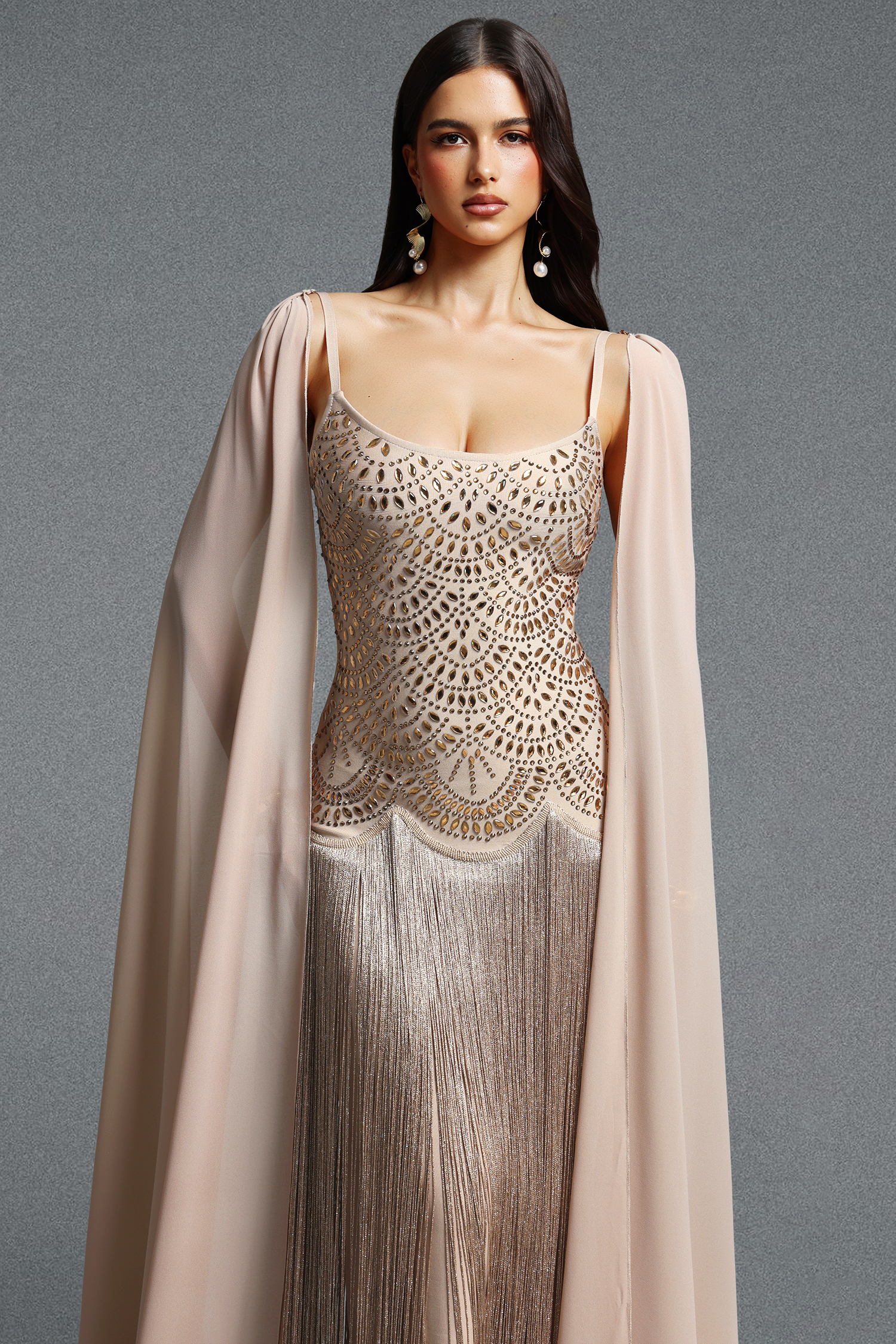 Ikara Elegant Spaghetti Strap Rhinestone Fringe Cape Bandage Maxi Dress