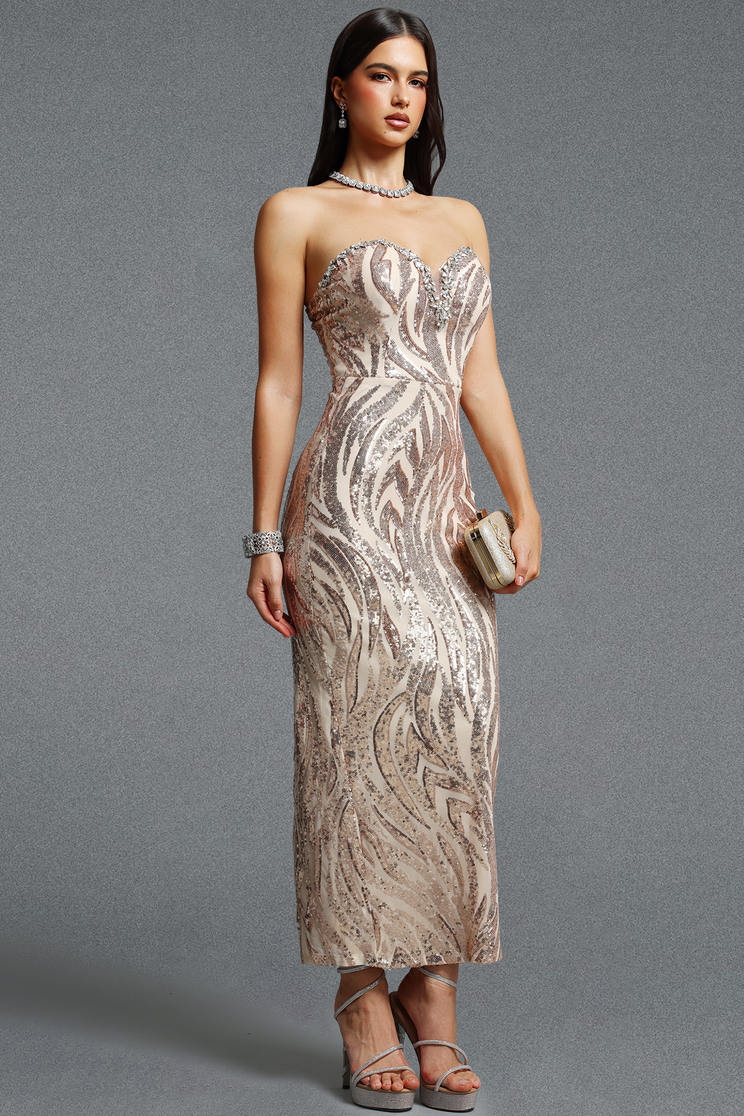 Morgan Glamorous Sleeveless Rhinestone Sequin Maxi Dress