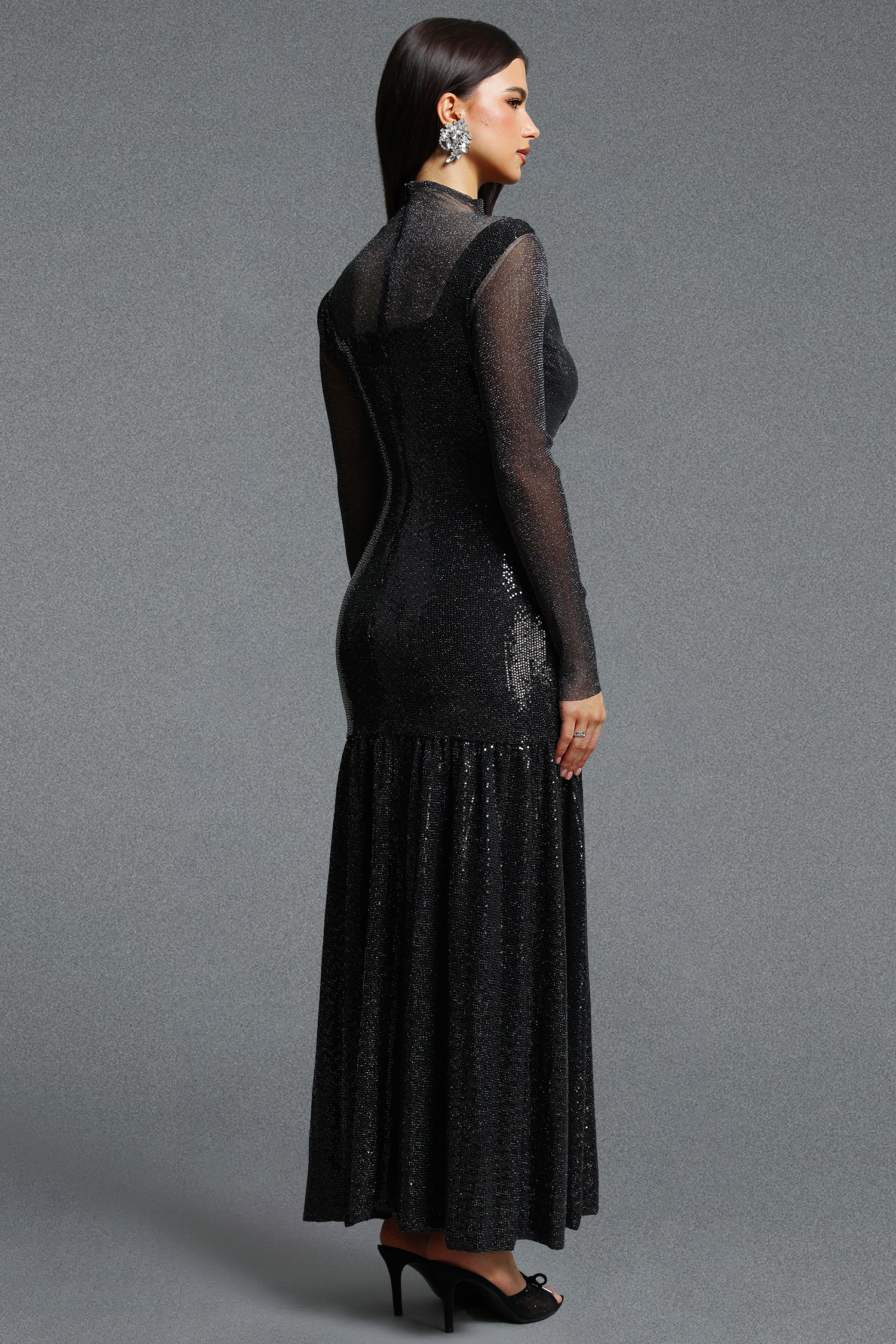 Ieesha Elegant Long Sleeve Mesh Panel Ruched Sequin Maxi Dress