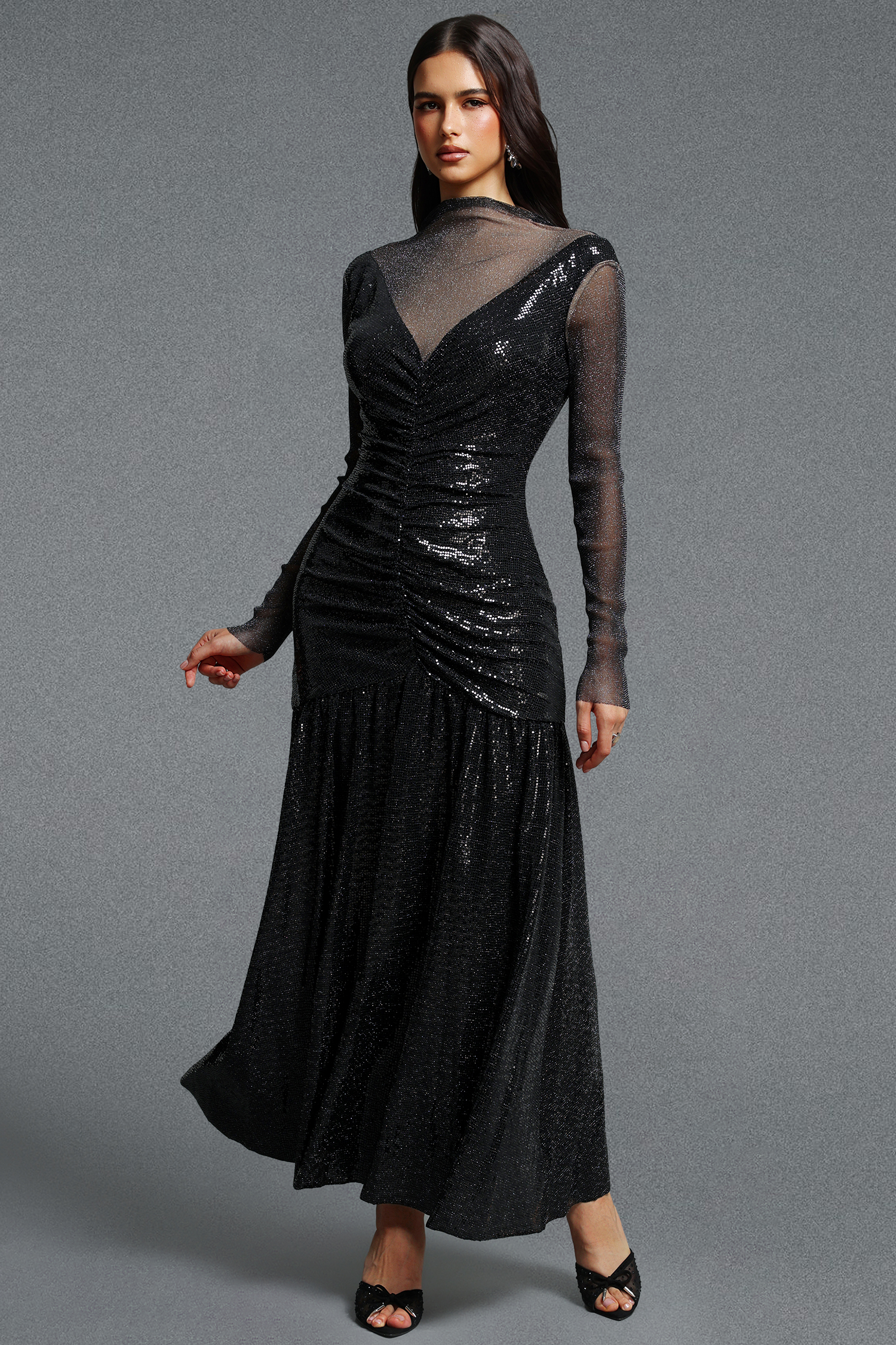 Ieesha Elegant Long Sleeve Mesh Panel Ruched Sequin Maxi Dress