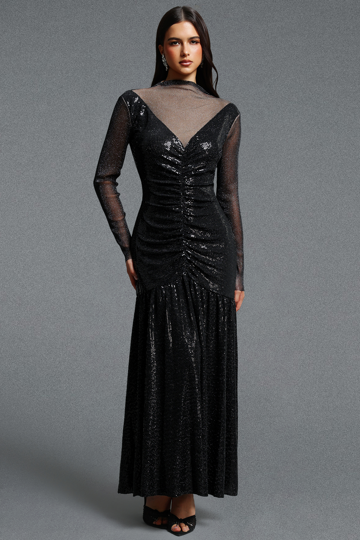 Ieesha Elegant Long Sleeve Mesh Panel Ruched Sequin Maxi Dress