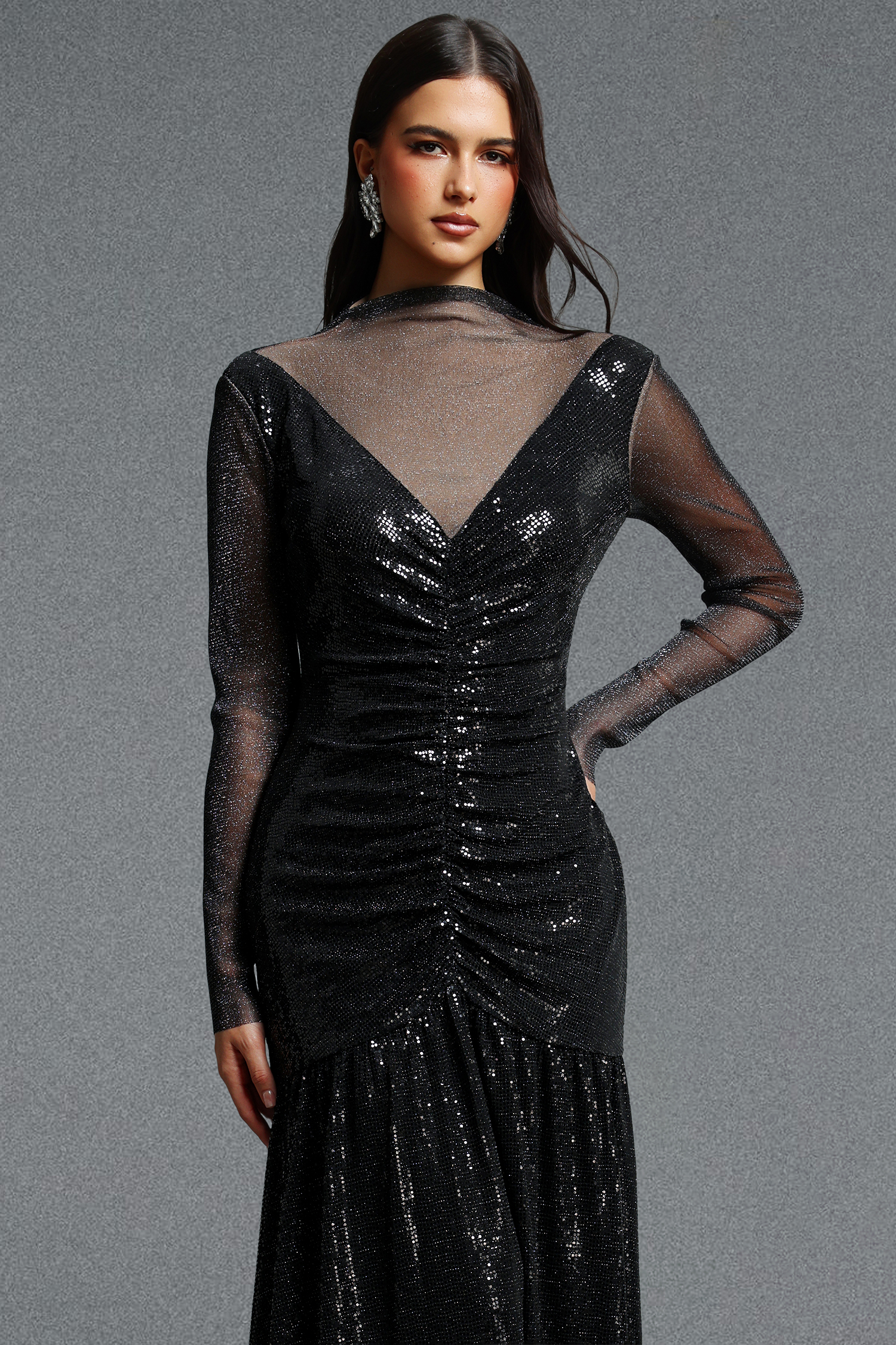 Ieesha Elegant Long Sleeve Mesh Panel Ruched Sequin Maxi Dress