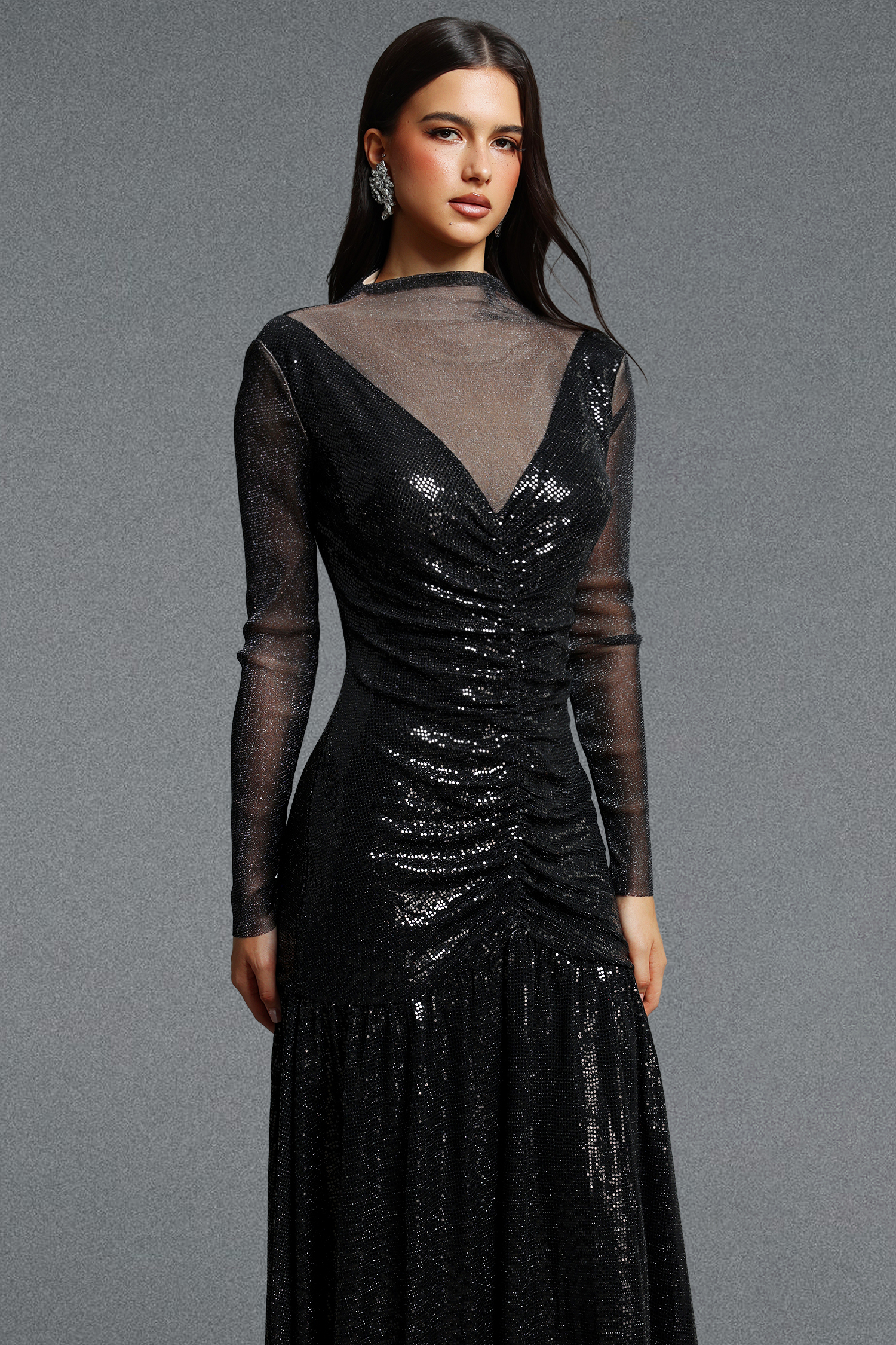 Ieesha Elegant Long Sleeve Mesh Panel Ruched Sequin Maxi Dress