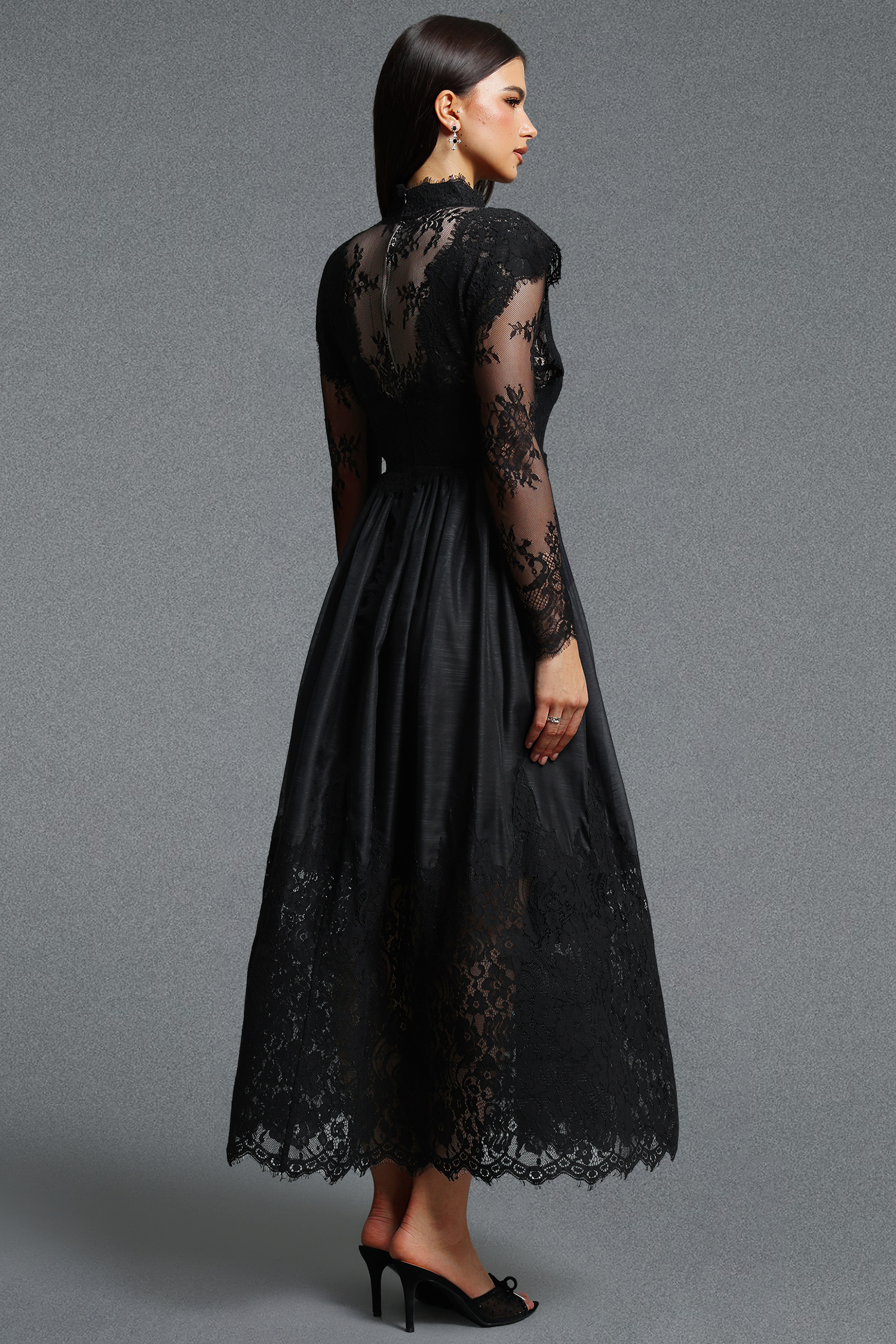 Tate Long Sleeves Lace Midi Dress - Black