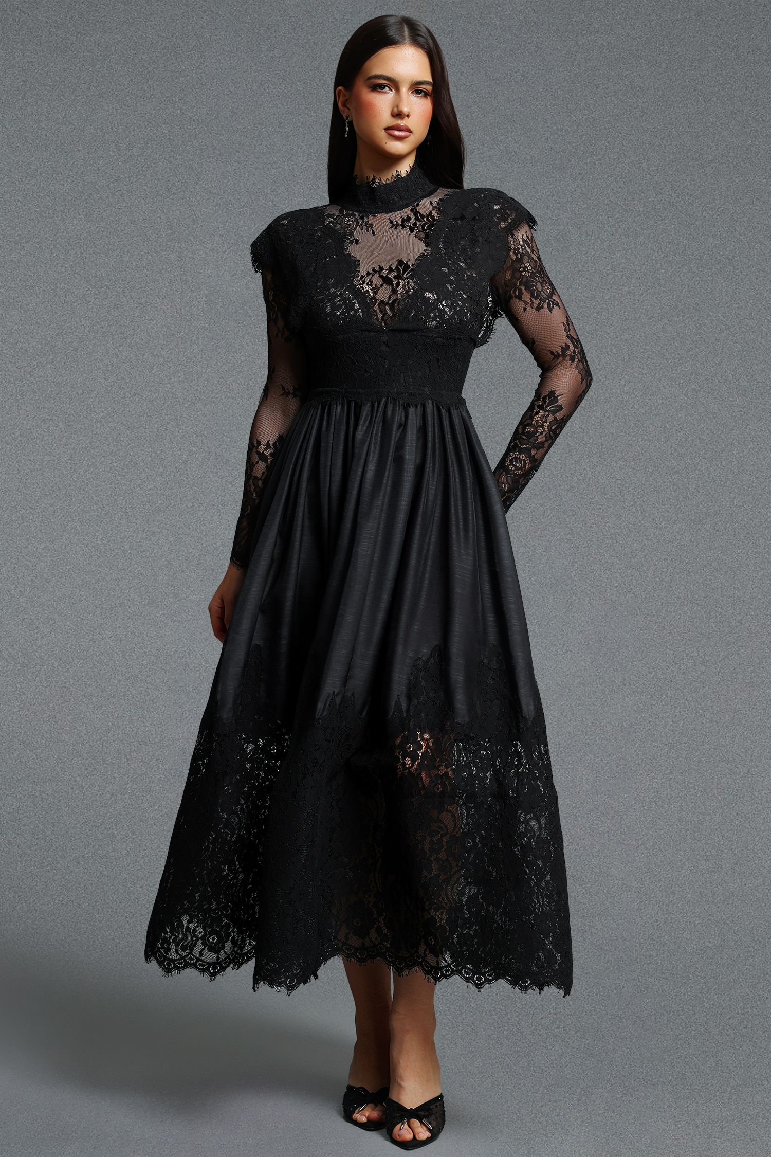 Tate Long Sleeves Lace Midi Dress - Black