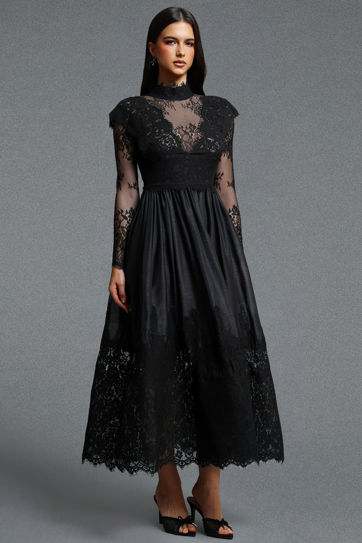 Tate Long Sleeves Lace Midi Dress - Black
