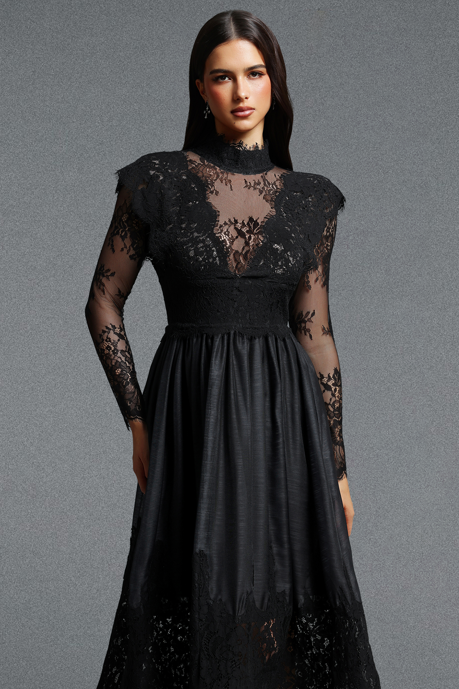 Tate Long Sleeves Lace Midi Dress - Black