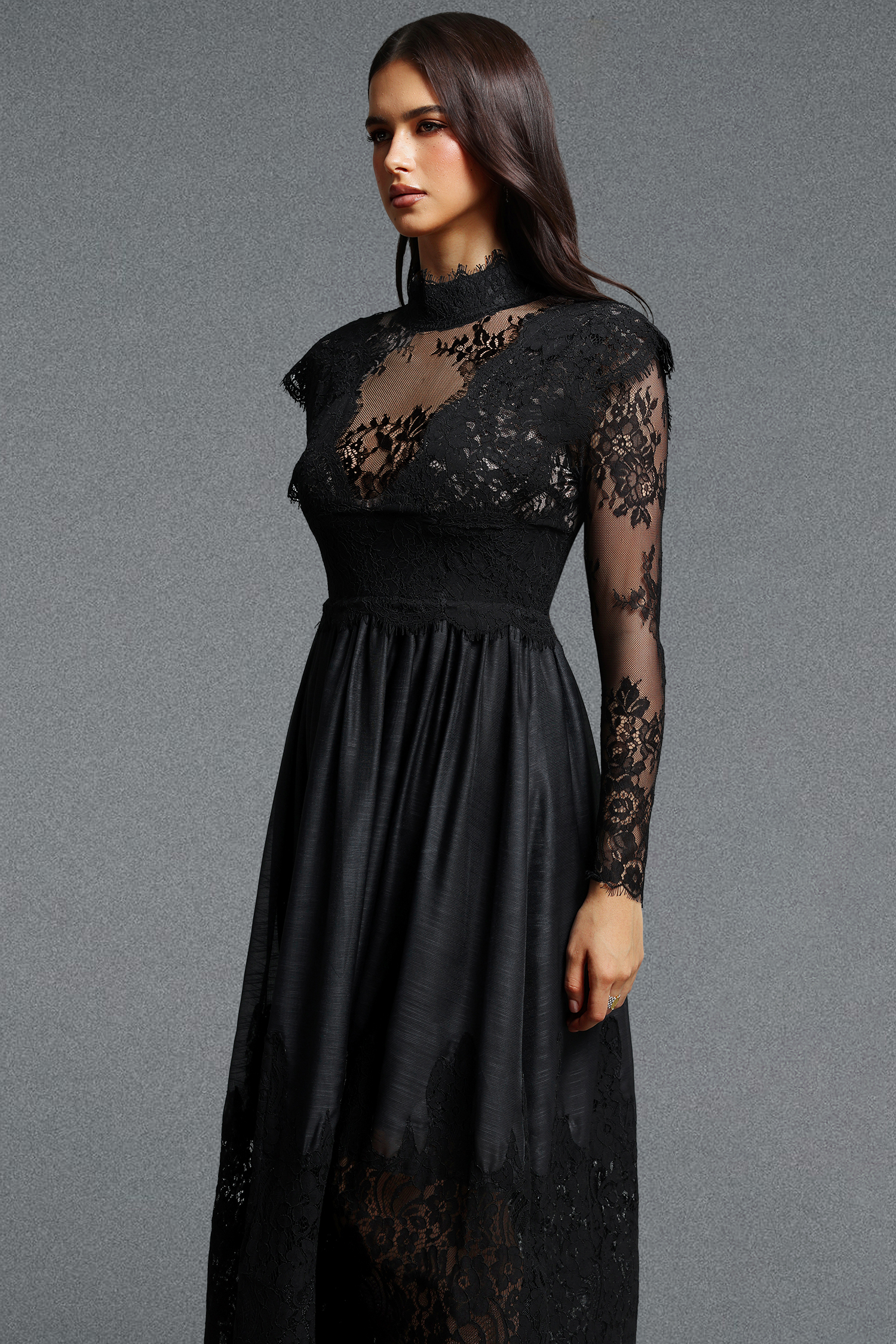 Tate Long Sleeves Lace Midi Dress - Black
