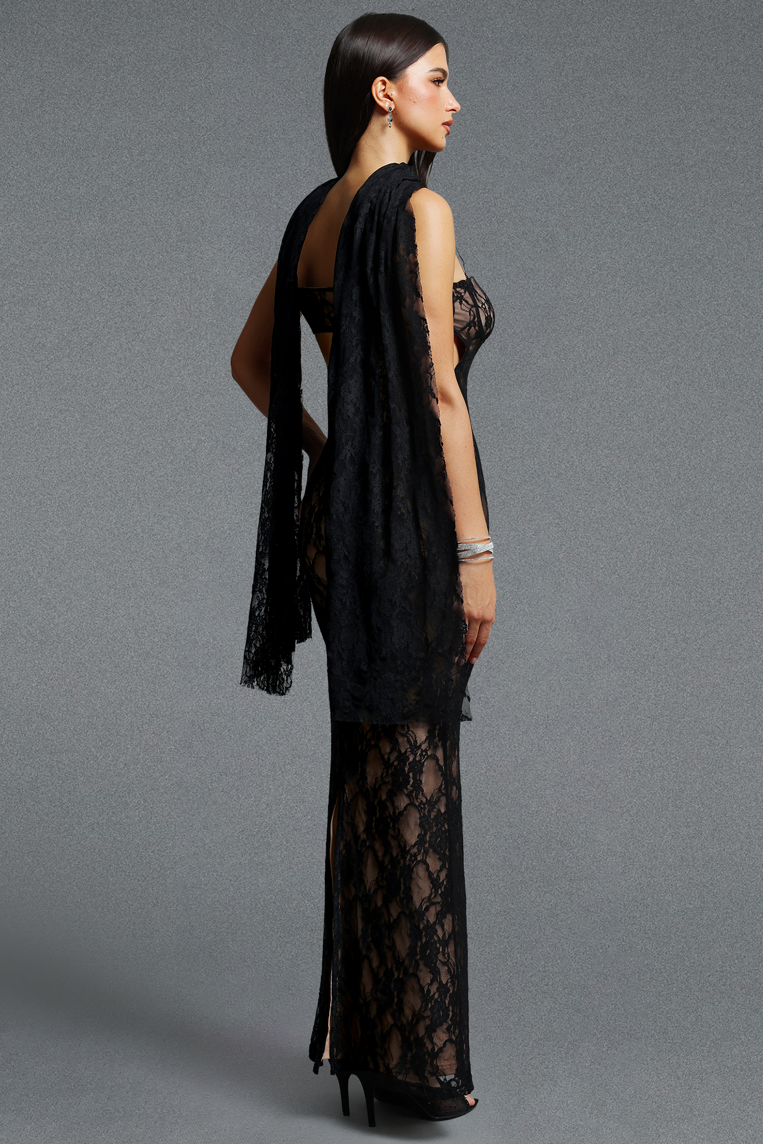 Eileen Sexy Spaghetti Strap Lace Shawl Maxi Dress
