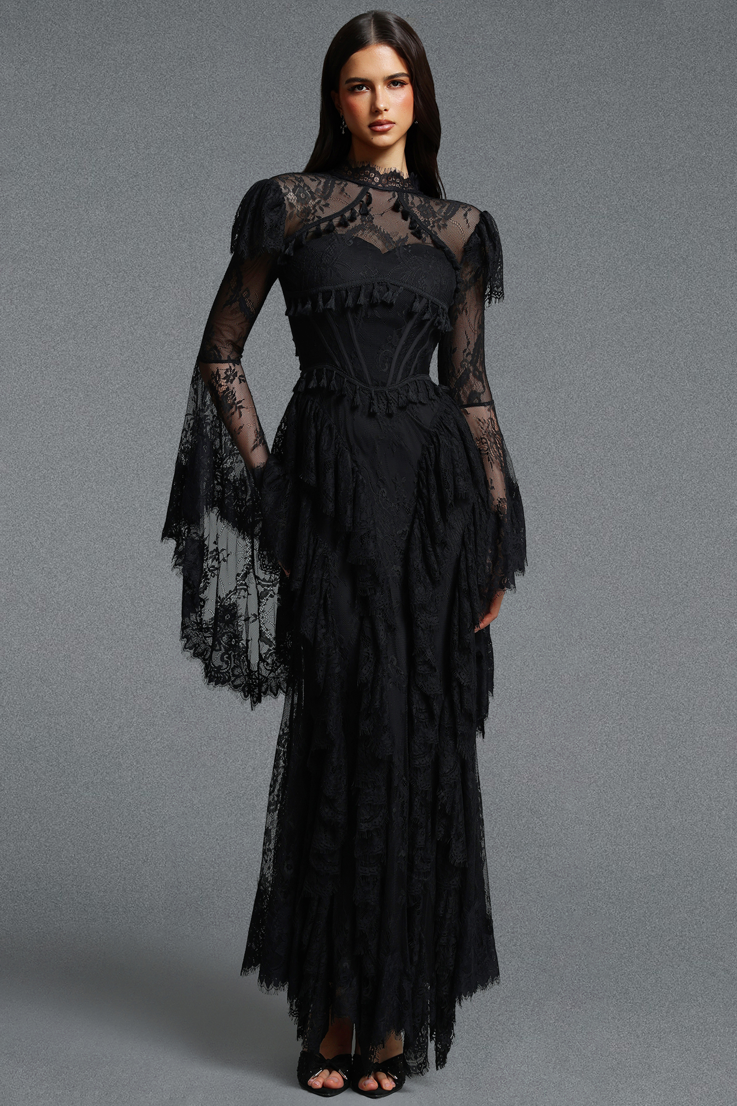 Lucia Vintage Fitted Flare Long Sleeve Lace Maxi Dress