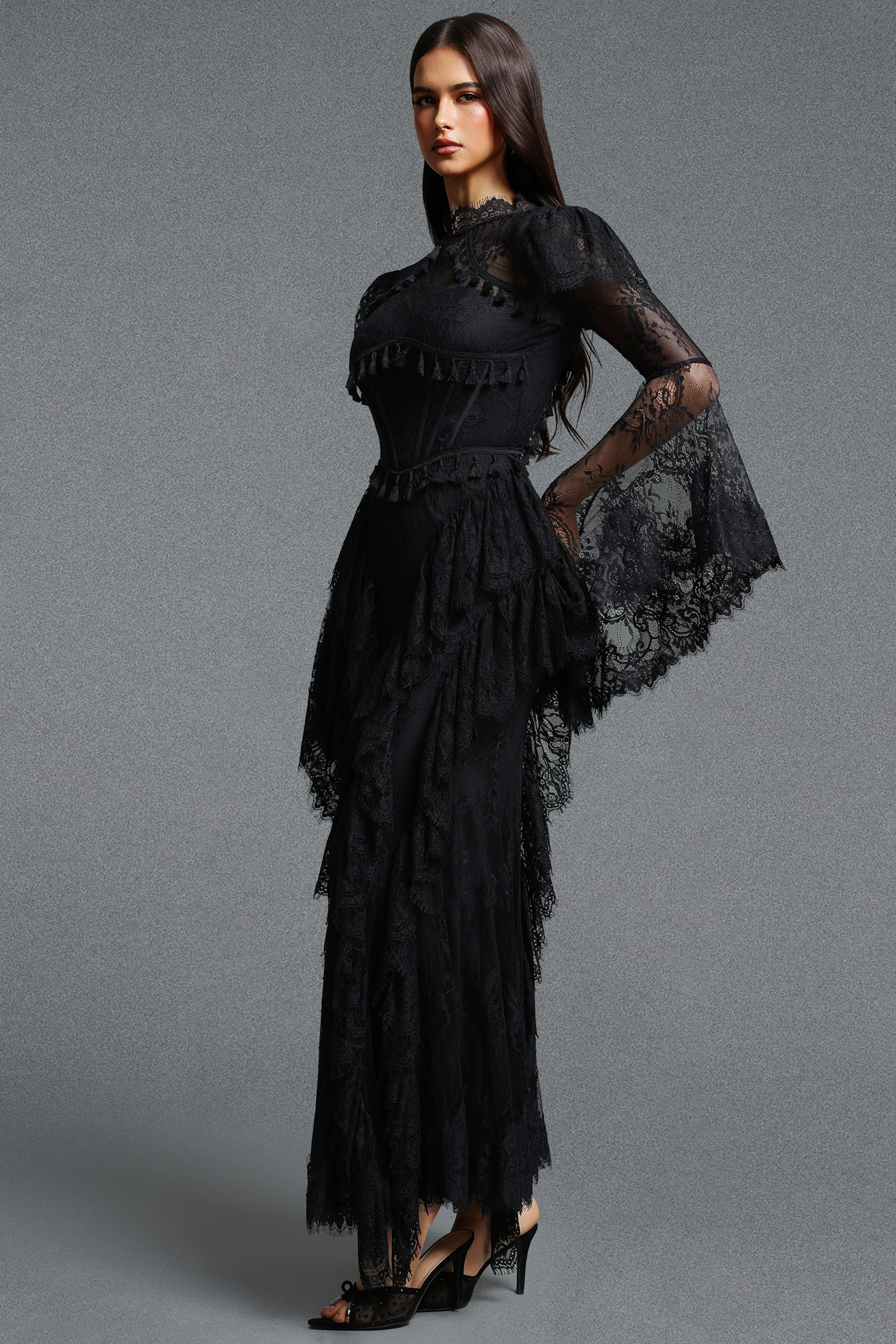 Lucia Vintage Fitted Flare Long Sleeve Lace Maxi Dress