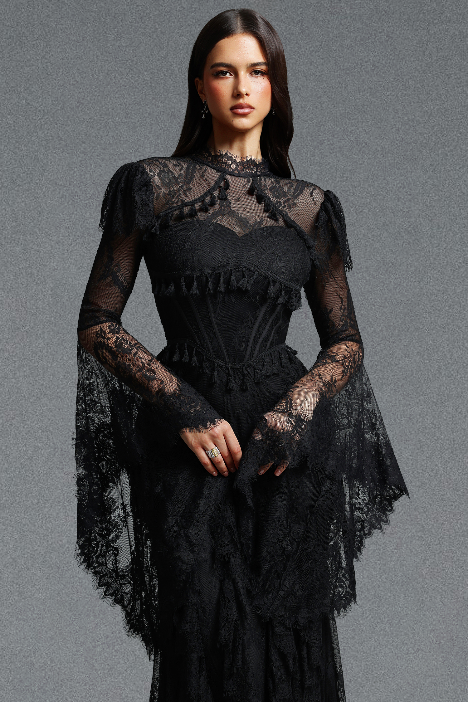 Lucia Vintage Fitted Flare Long Sleeve Lace Maxi Dress