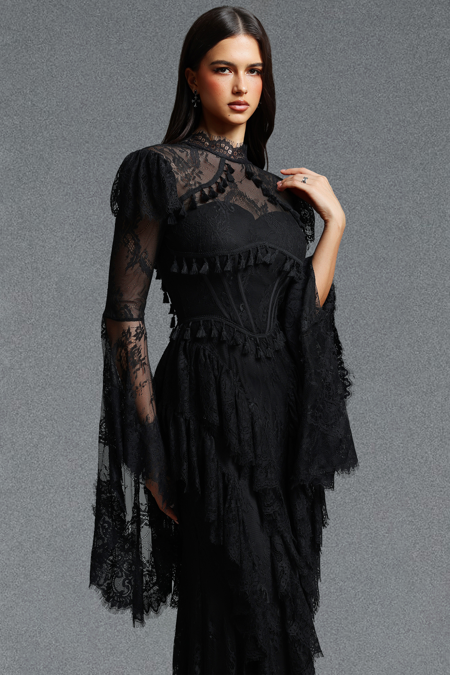 Lucia Vintage Fitted Flare Long Sleeve Lace Maxi Dress
