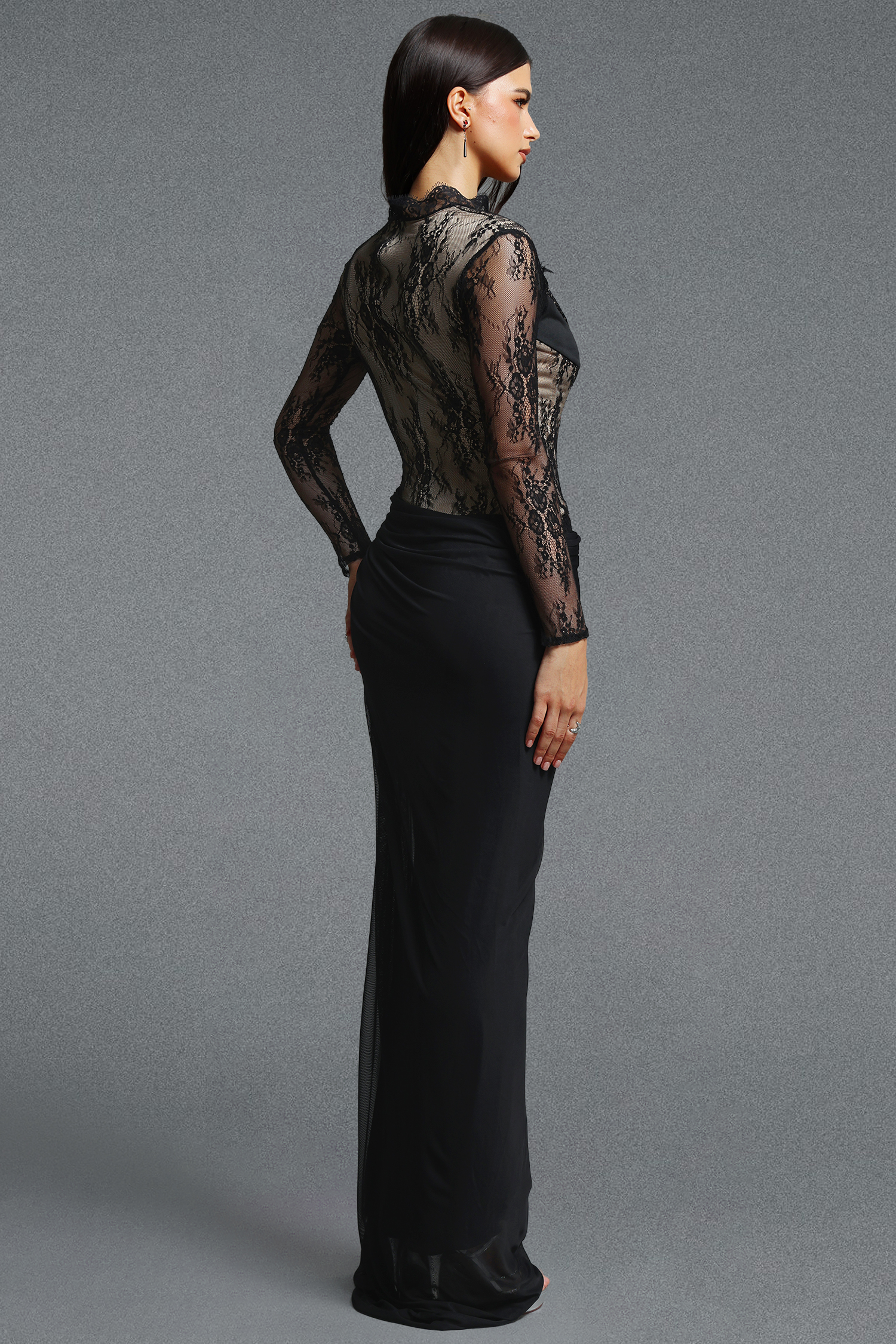Uama Glamorous Long Sleeve Cut Out Lace Maxi Dress