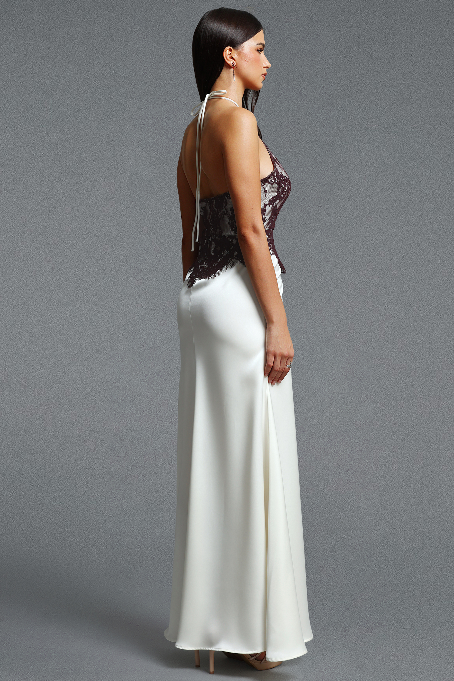 Tatum Elegant Halter Lace Floral Satin Maxi Dress