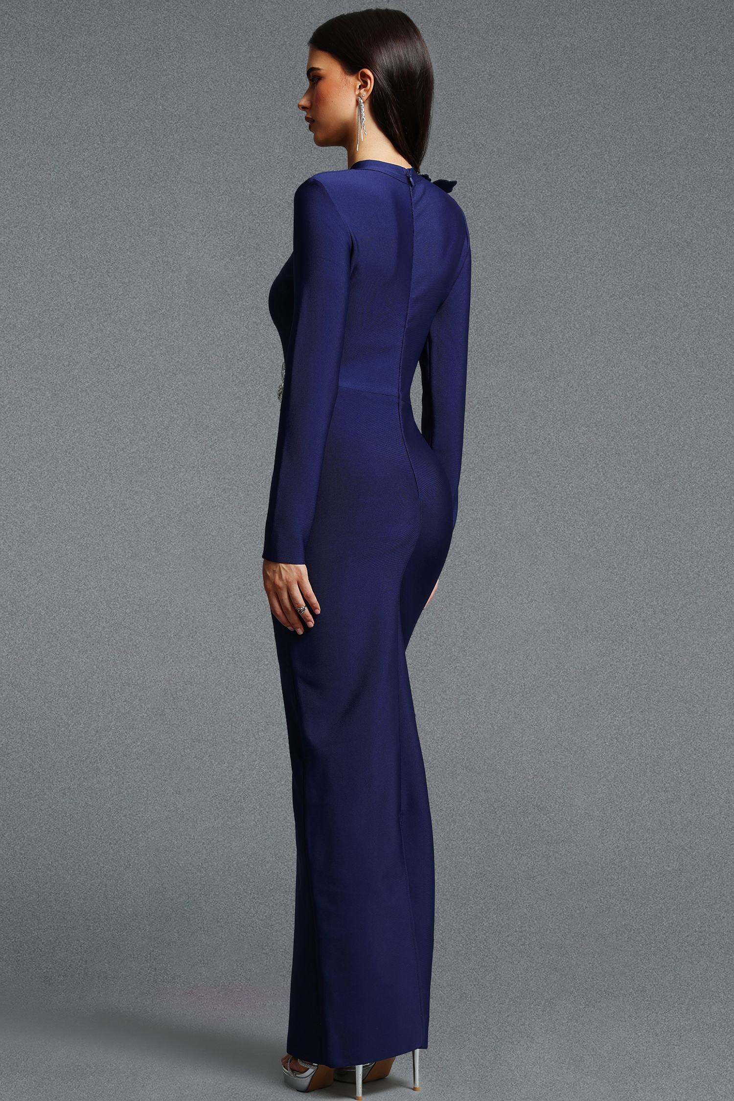 Jayden Fitted Long Sleeve Rhinestone Floral Blue Bandage Maxi Dress