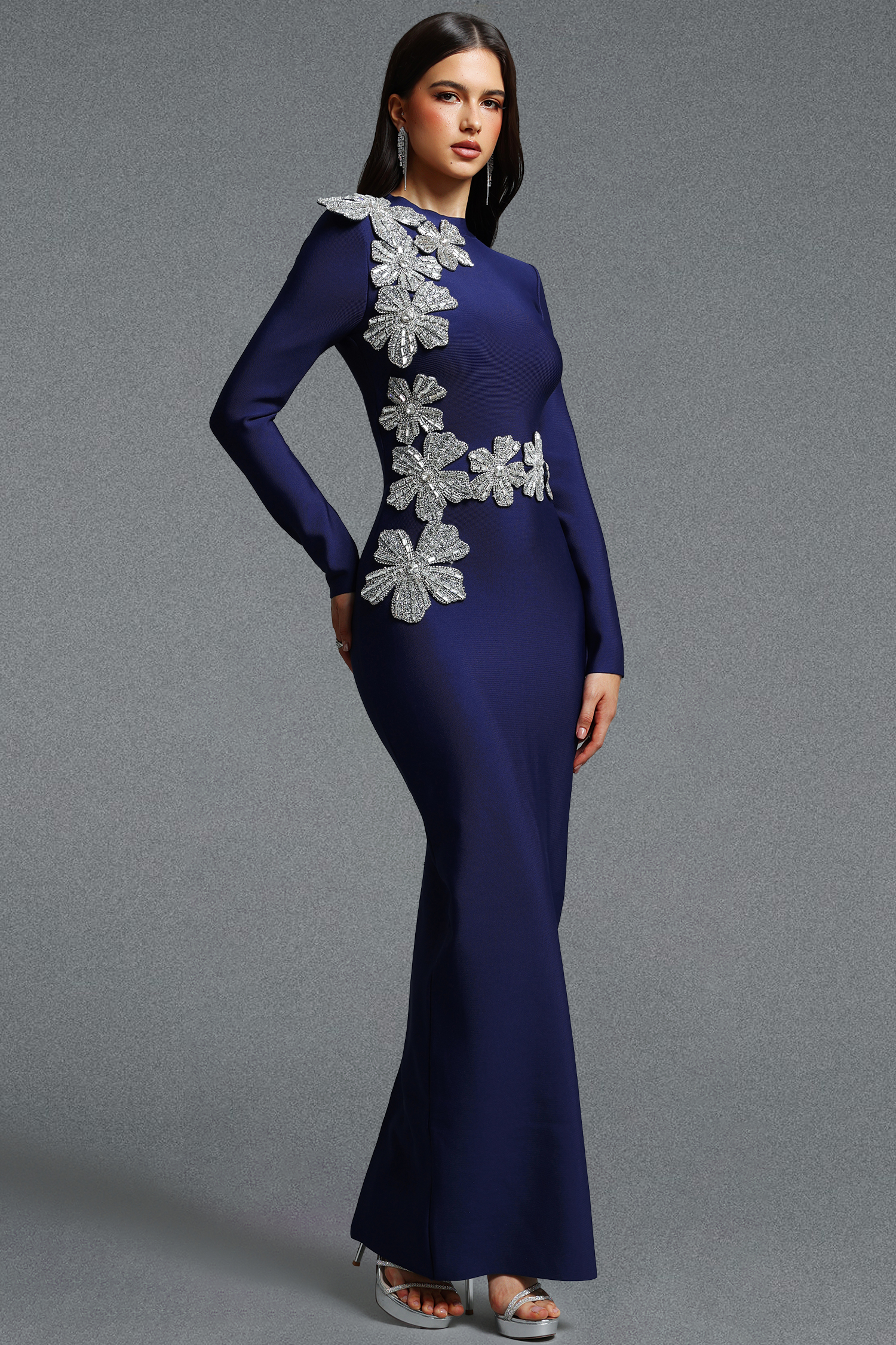 Jayden Fitted Long Sleeve Rhinestone Floral Blue Bandage Maxi Dress