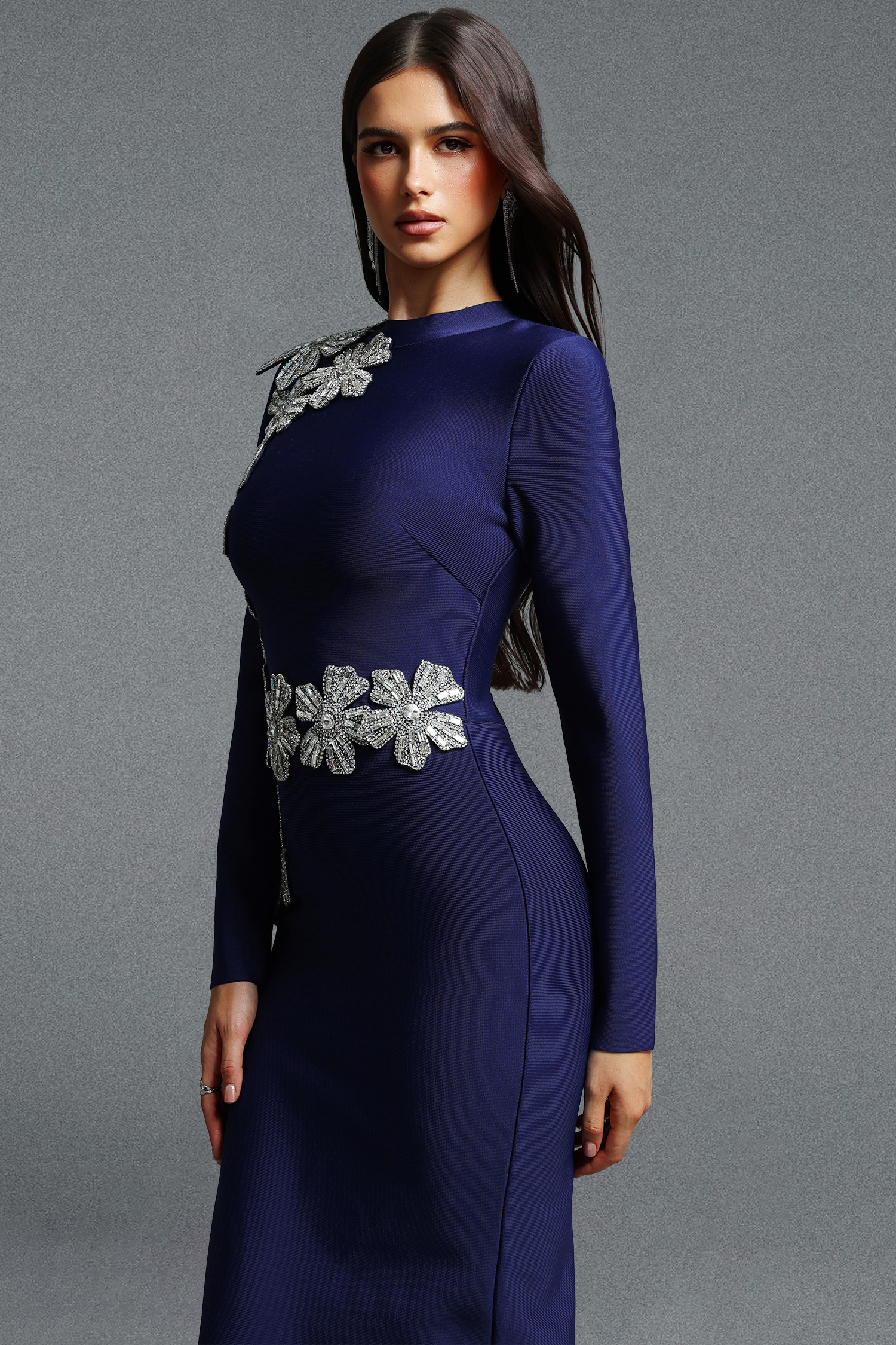 Jayden Fitted Long Sleeve Rhinestone Floral Blue Bandage Maxi Dress