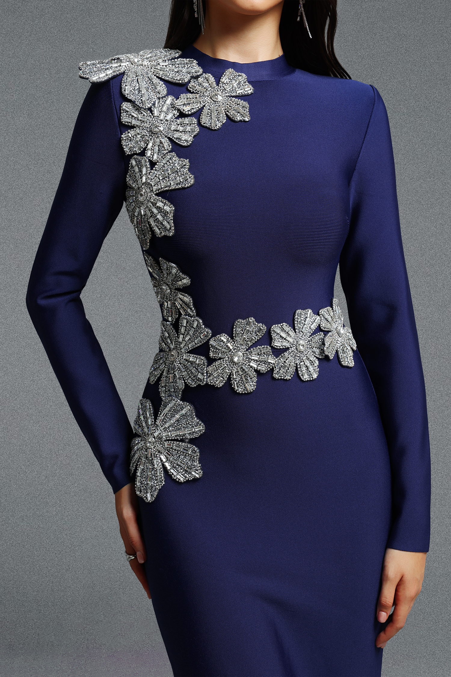 Jayden Fitted Long Sleeve Rhinestone Floral Blue Bandage Maxi Dress