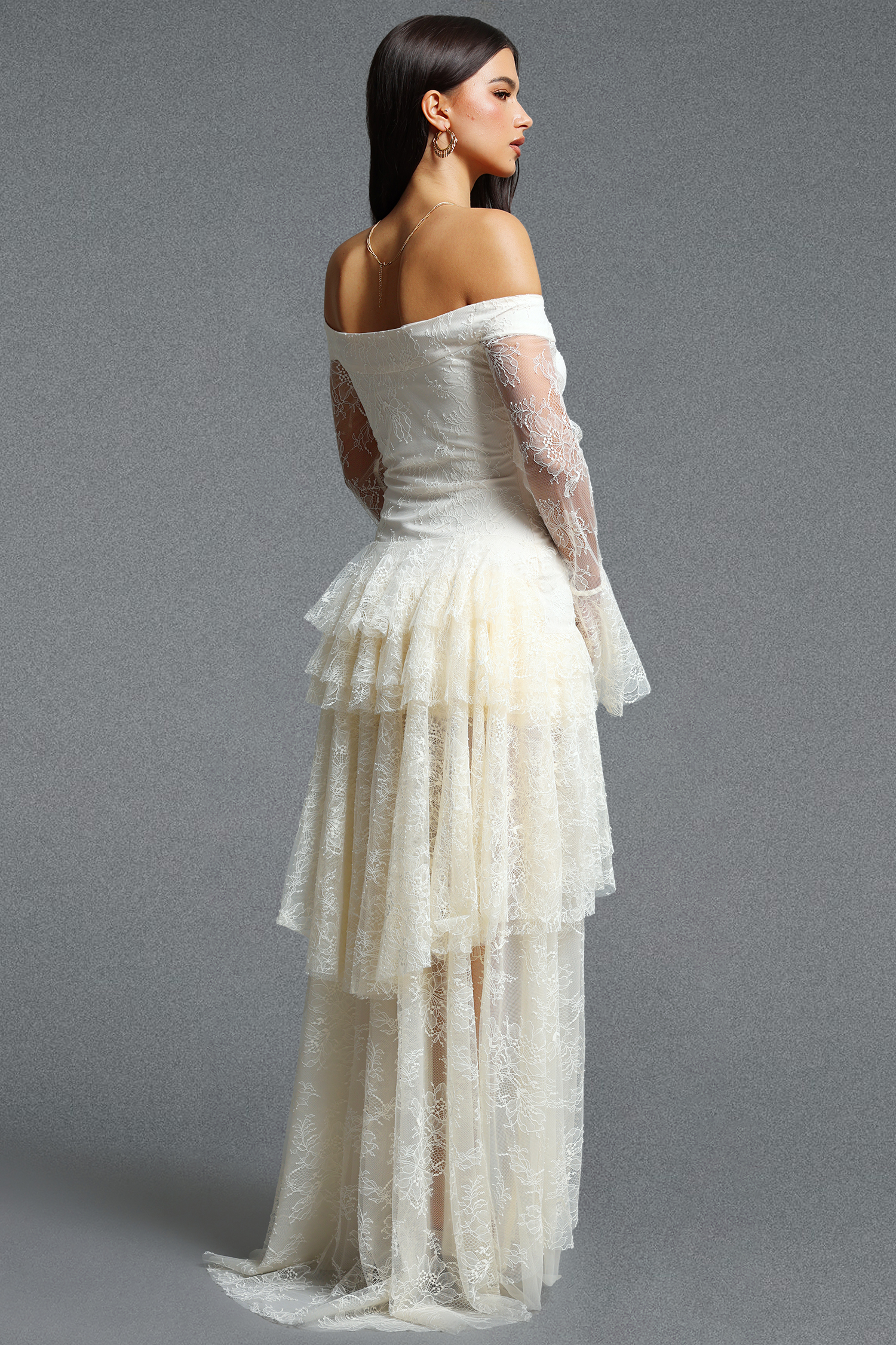 Garela Romantic Off Shoulder Long Sleeve Multi Layer Ruffle Lace Maxi Dress