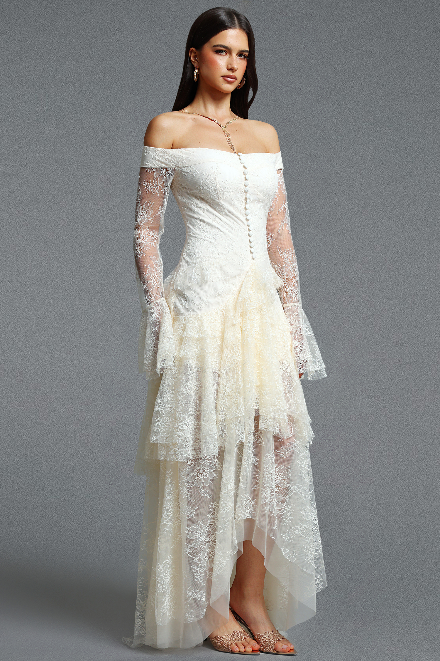 Garela Romantic Off Shoulder Long Sleeve Multi Layer Ruffle Lace Maxi Dress