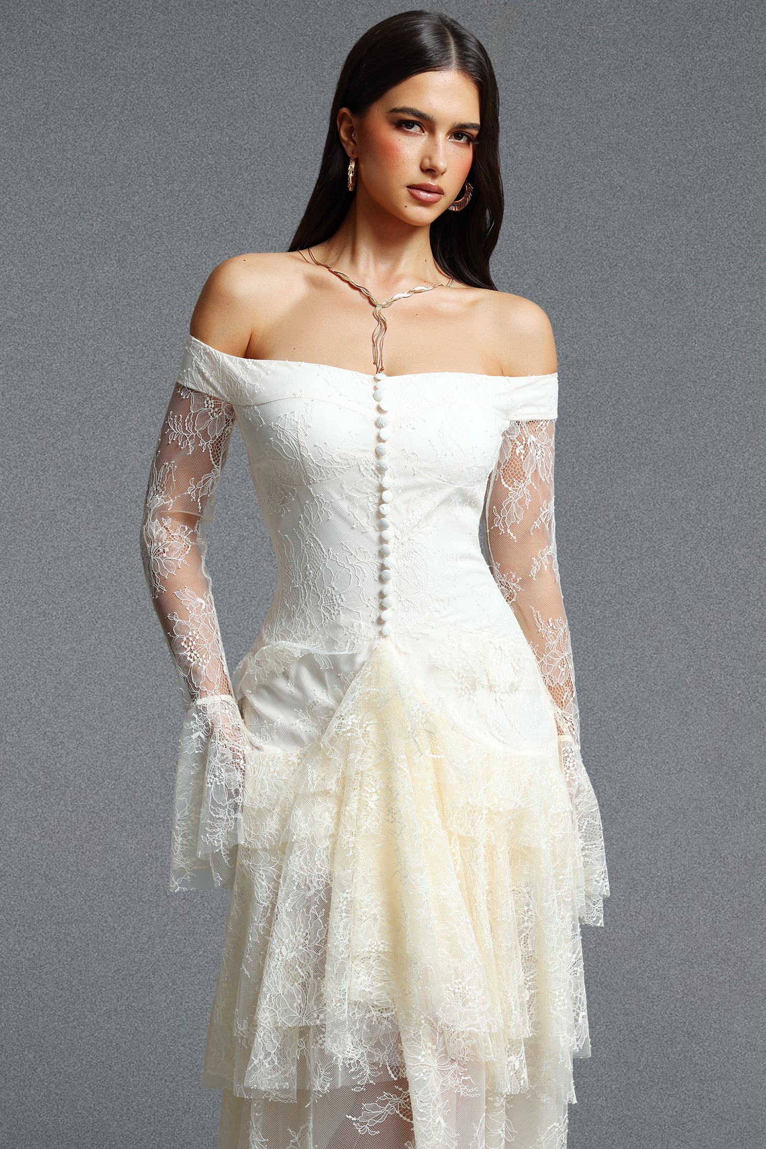 Garela Romantic Off Shoulder Long Sleeve Multi Layer Ruffle Lace Maxi Dress
