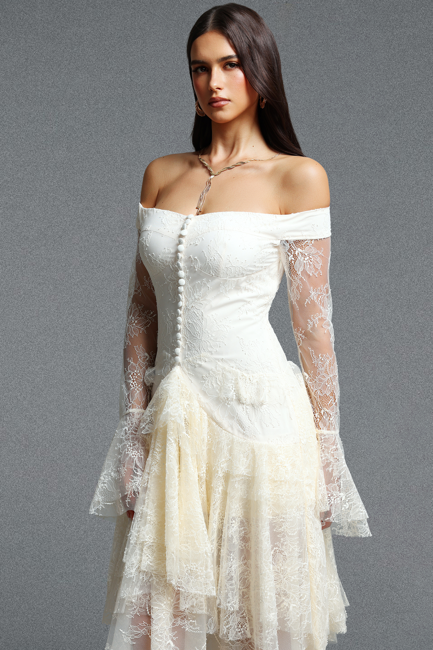 Garela Romantic Off Shoulder Long Sleeve Multi Layer Ruffle Lace Maxi Dress