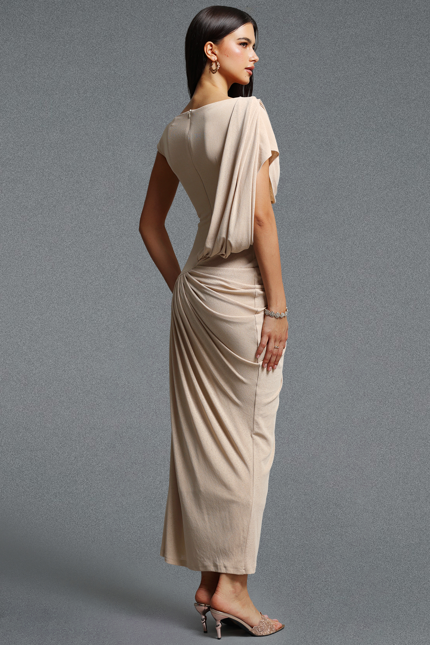 Felix Elegant Short Sleeve Asymmetrical Ruched Knit Maxi Dress