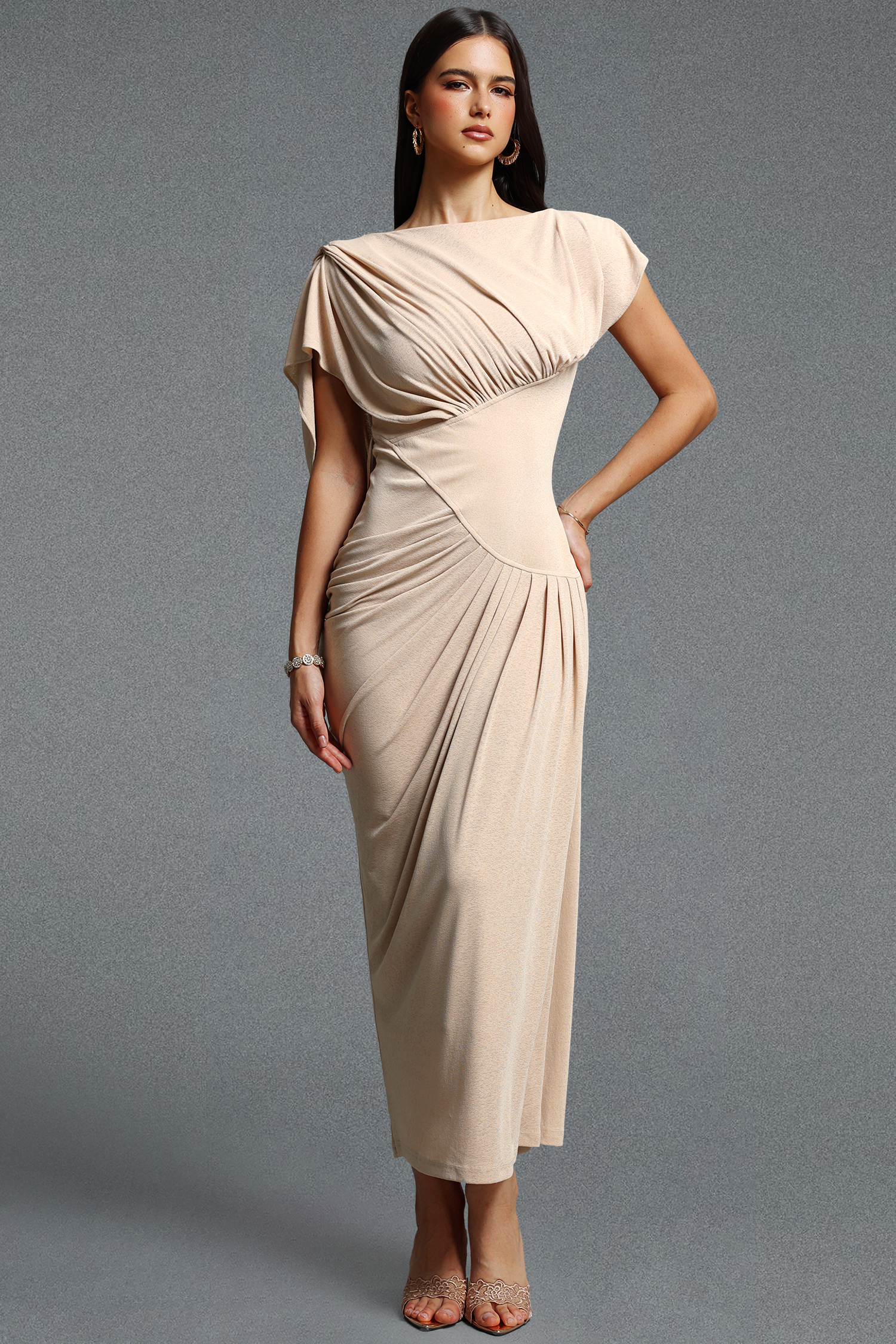 Felix Elegant Short Sleeve Asymmetrical Ruched Knit Maxi Dress