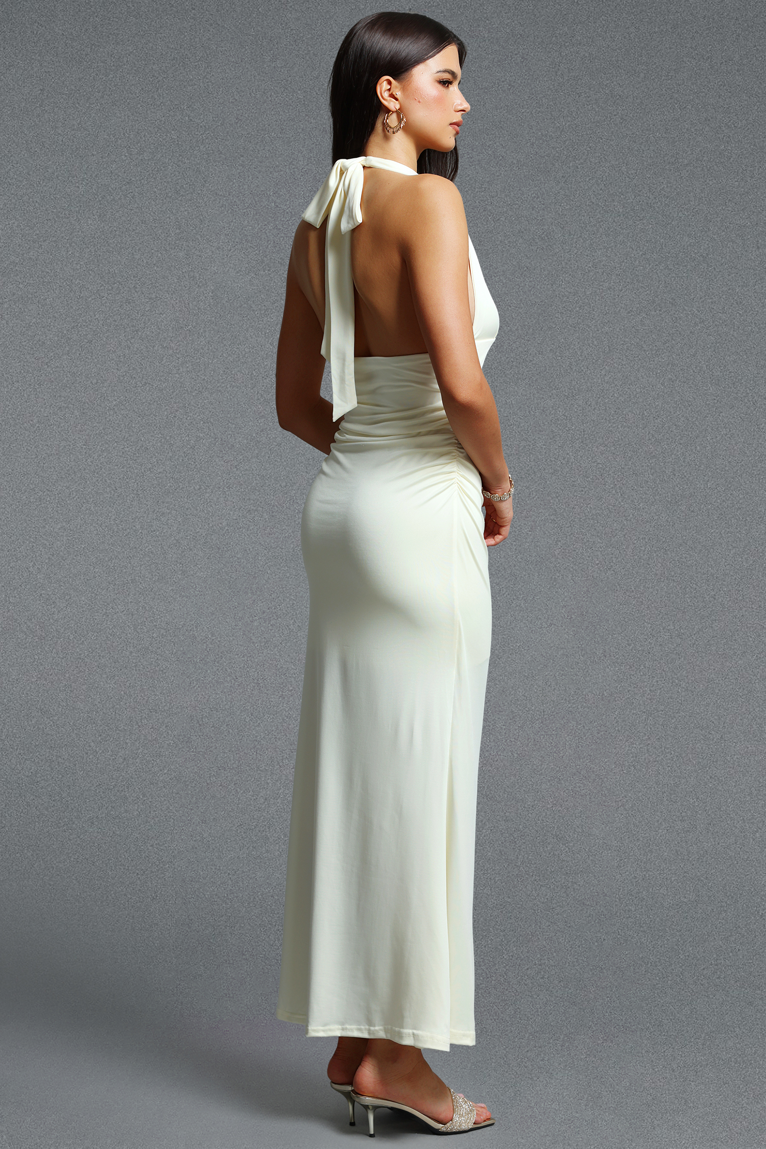 Sandy Vacation Halter V Neck Backless Metal Buckle Ruched Maxi Dress