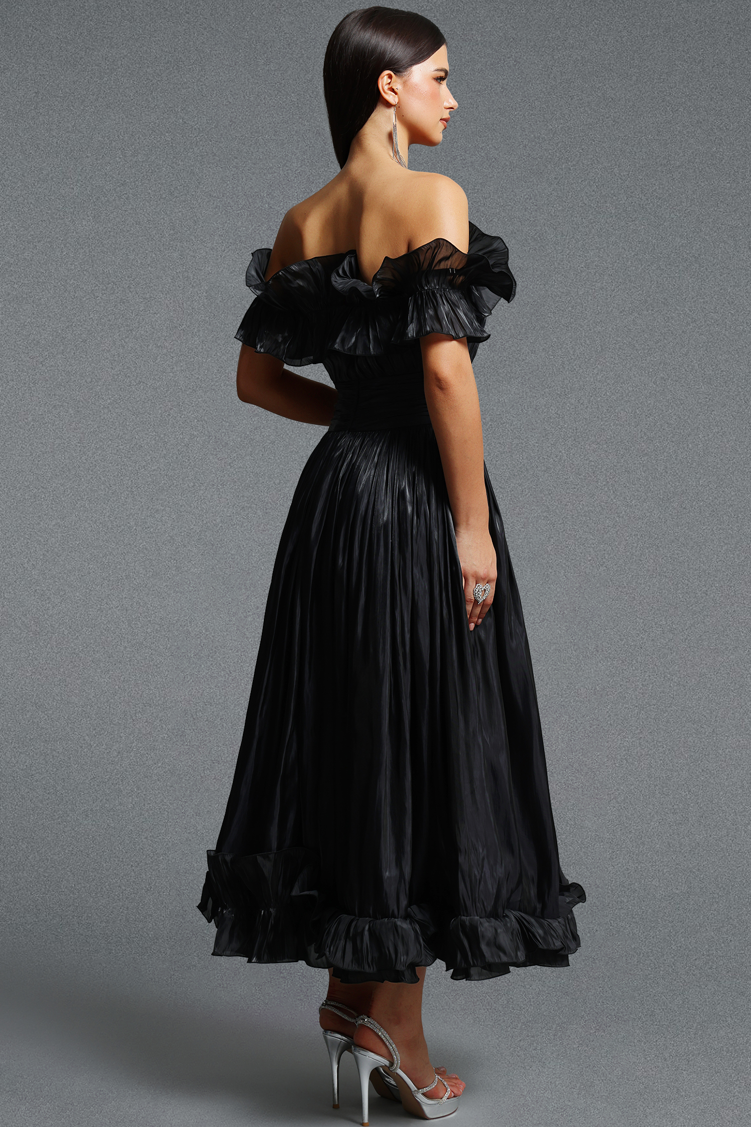 Suku Elegant Flowy Off Shoulder Ruched Black Maxi Dress