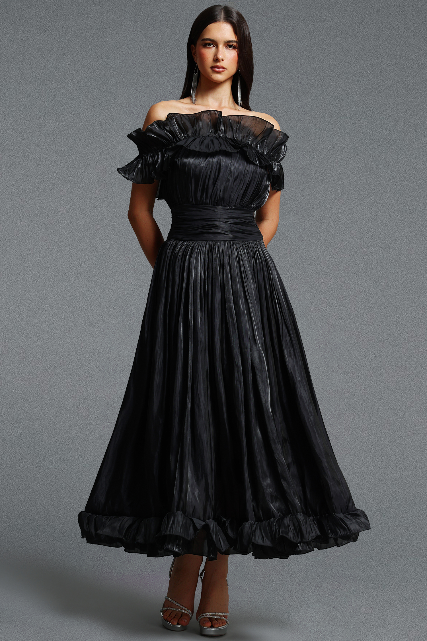 Suku Elegant Flowy Off Shoulder Ruched Black Maxi Dress