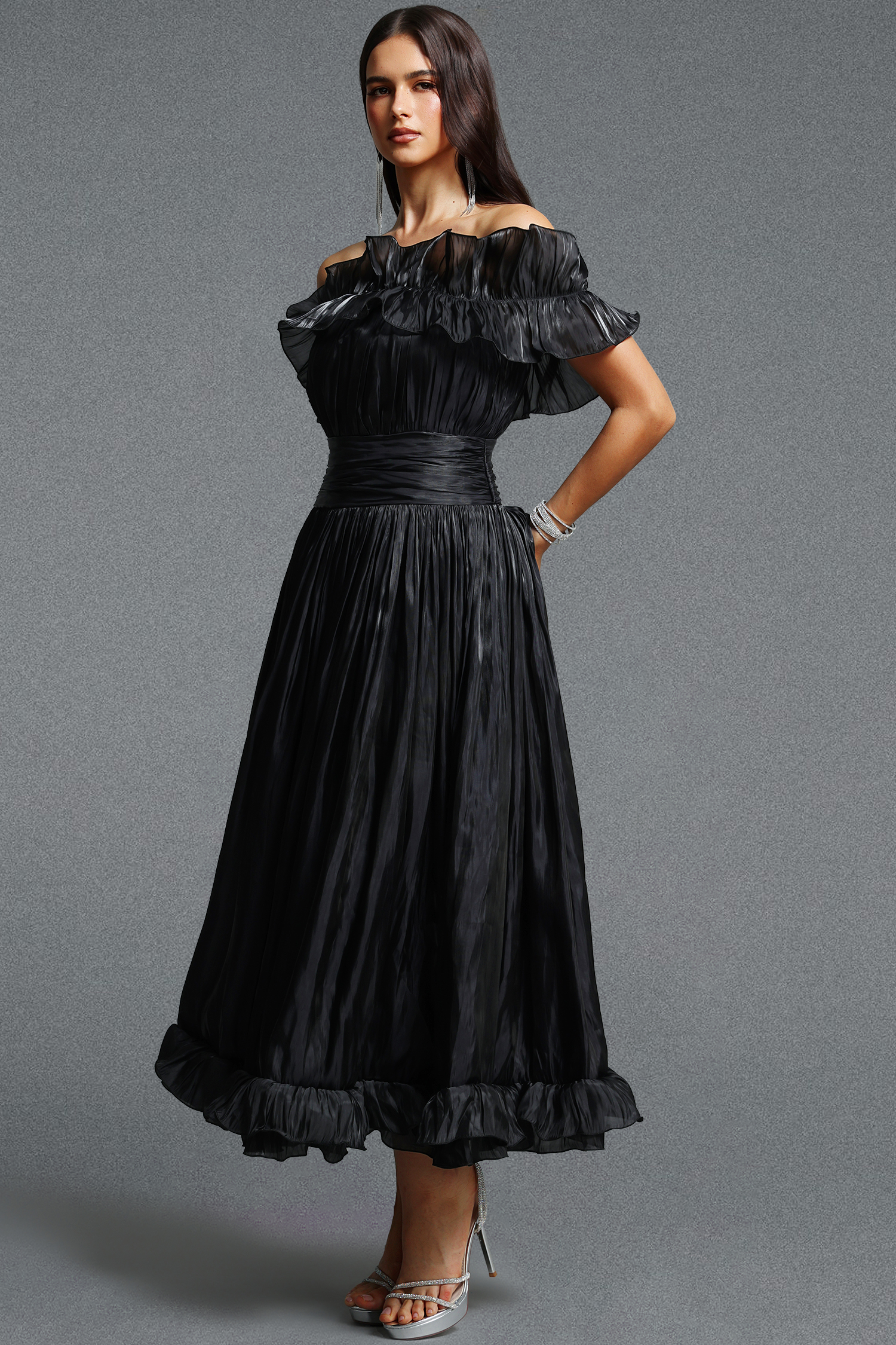 Suku Elegant Flowy Off Shoulder Ruched Black Maxi Dress